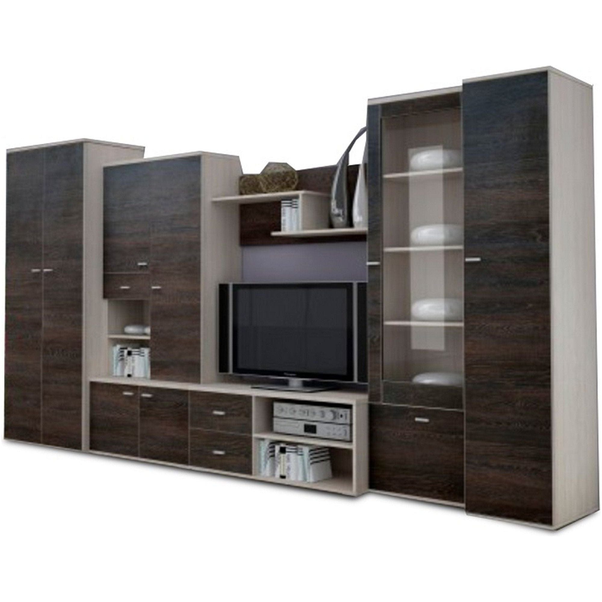 Mobilier living ARS, wenge/stejar deschis, PAL laminat/sticla, 6 piese, 370x51x199 cm