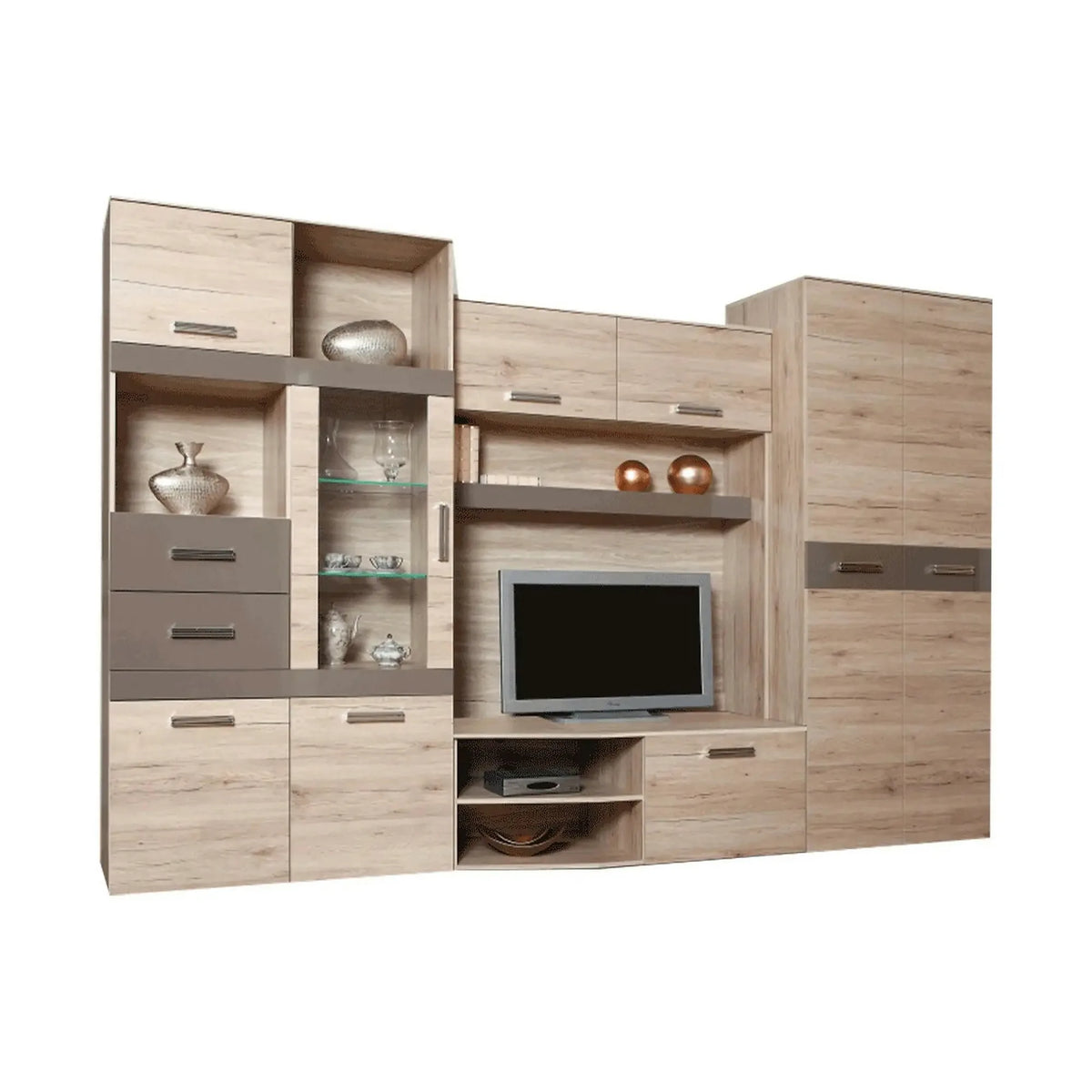 Mobilier living ASSOR, stejar san marino, PAL melaminat/sticla, cu iluminare LED, 4 piese, 300x200x52 cm