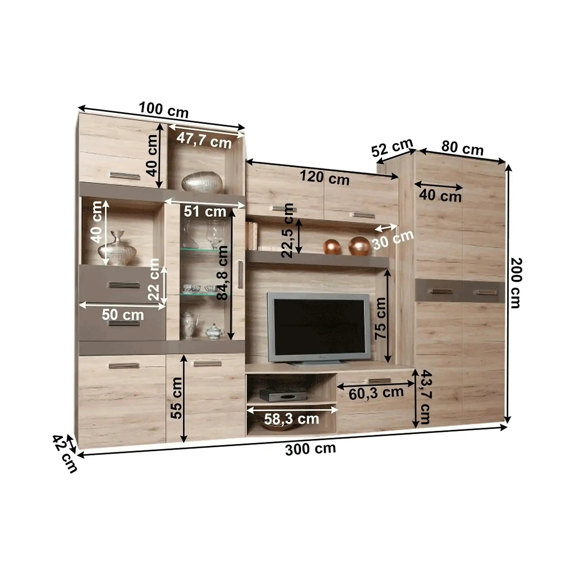 Mobilier living ASSOR, stejar san marino, PAL melaminat/sticla, cu iluminare LED, 4 piese, 300x200x52 cm