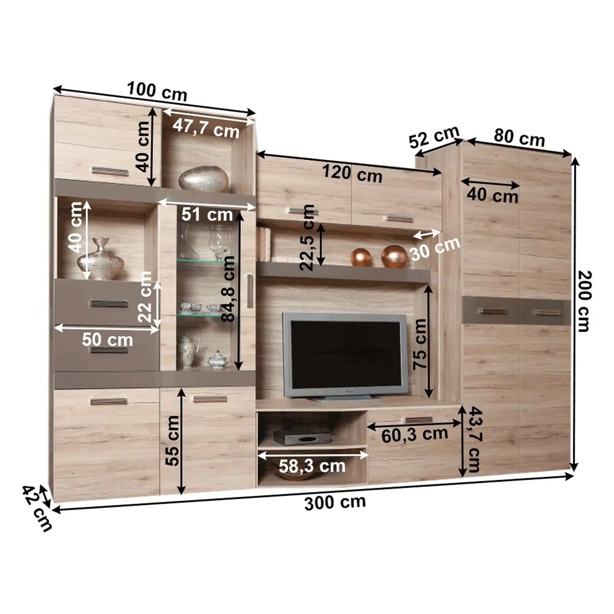 Mobilier living ASSOR, stejar san marino, PAL melaminat/sticla, cu iluminare LED, 4 piese, 300x200x52 cm