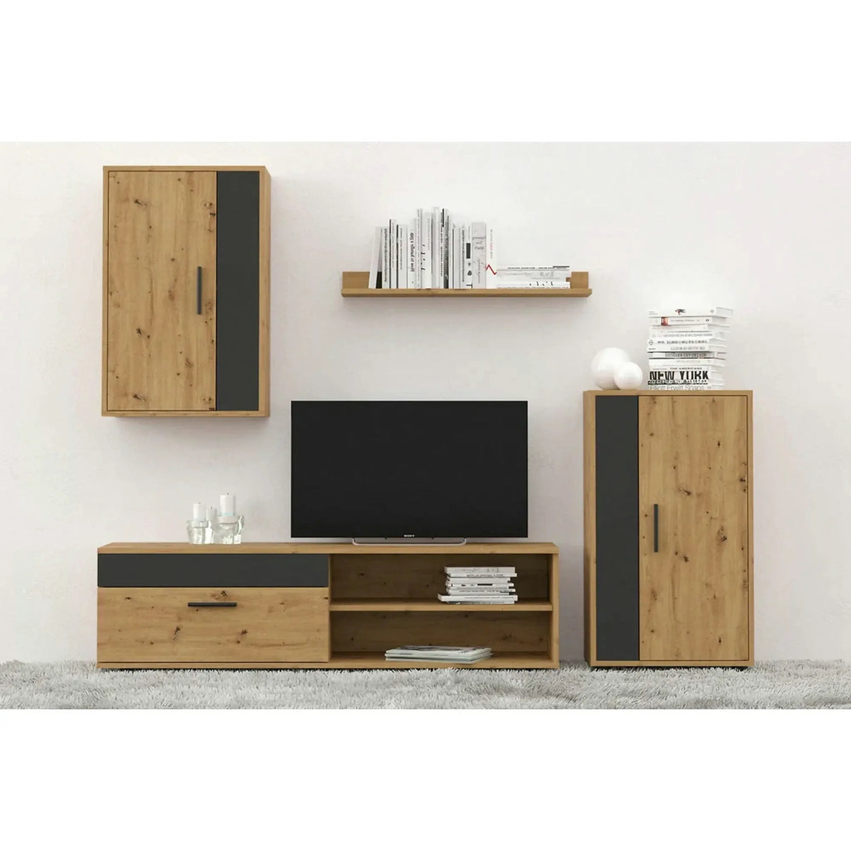Mobilier living BARATO MINI, stejar artisan/negru, PAL, 200x36x190 cm