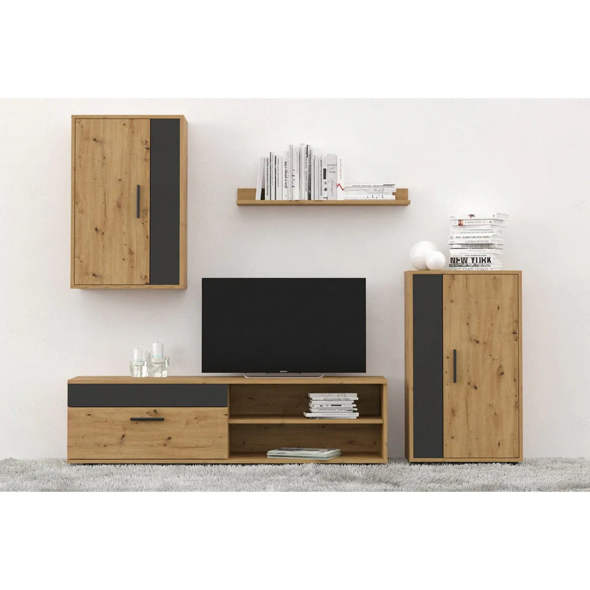 Mobilier living BARATO MINI, stejar artisan/negru, PAL, 200x36x190 cm