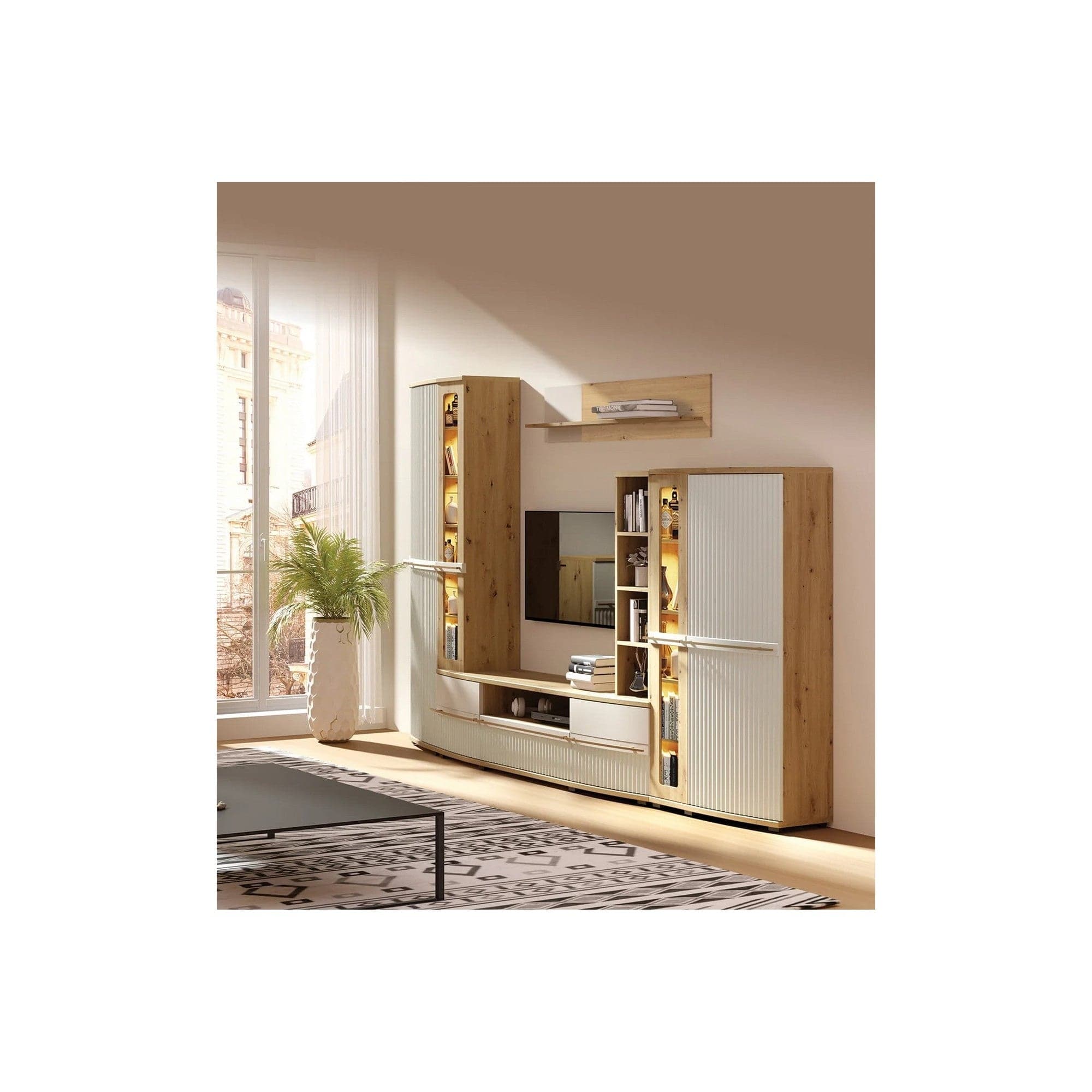 Mobilier living CANDY1 A, casmir/stejar artisan, PAL/sticla, cu iluminare LED, 6 piese, 299x43x199 cm