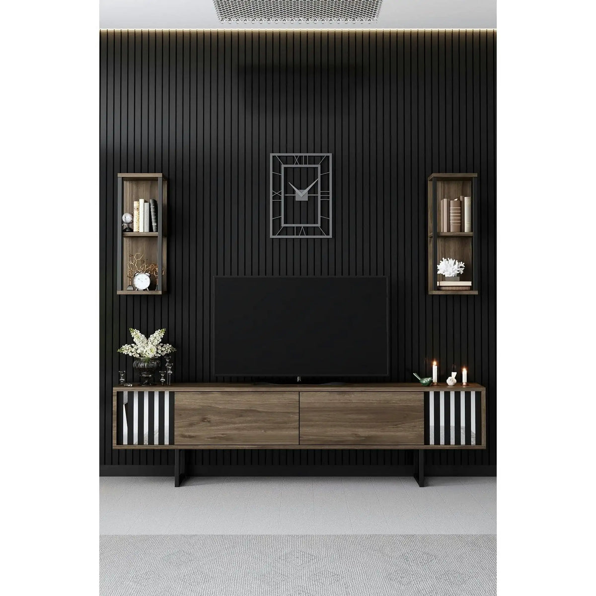 Mobilier living CHROME LINE, nuc/negru, PAL melaminat/metal, 3 piese