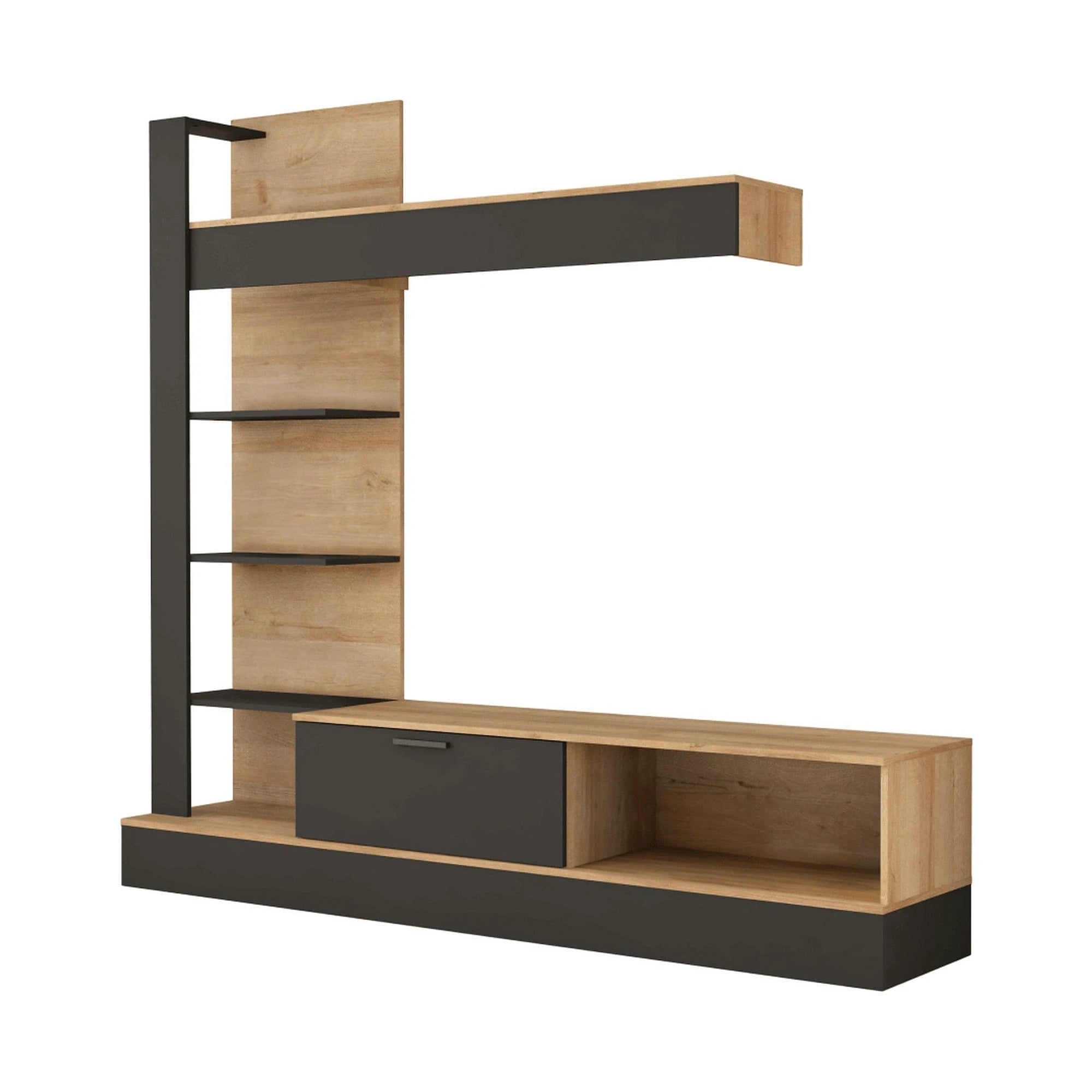 Mobilier living GELUZA, stejar riviera/negru, PAL melaminat, 3 piese, 205x42x192 cm