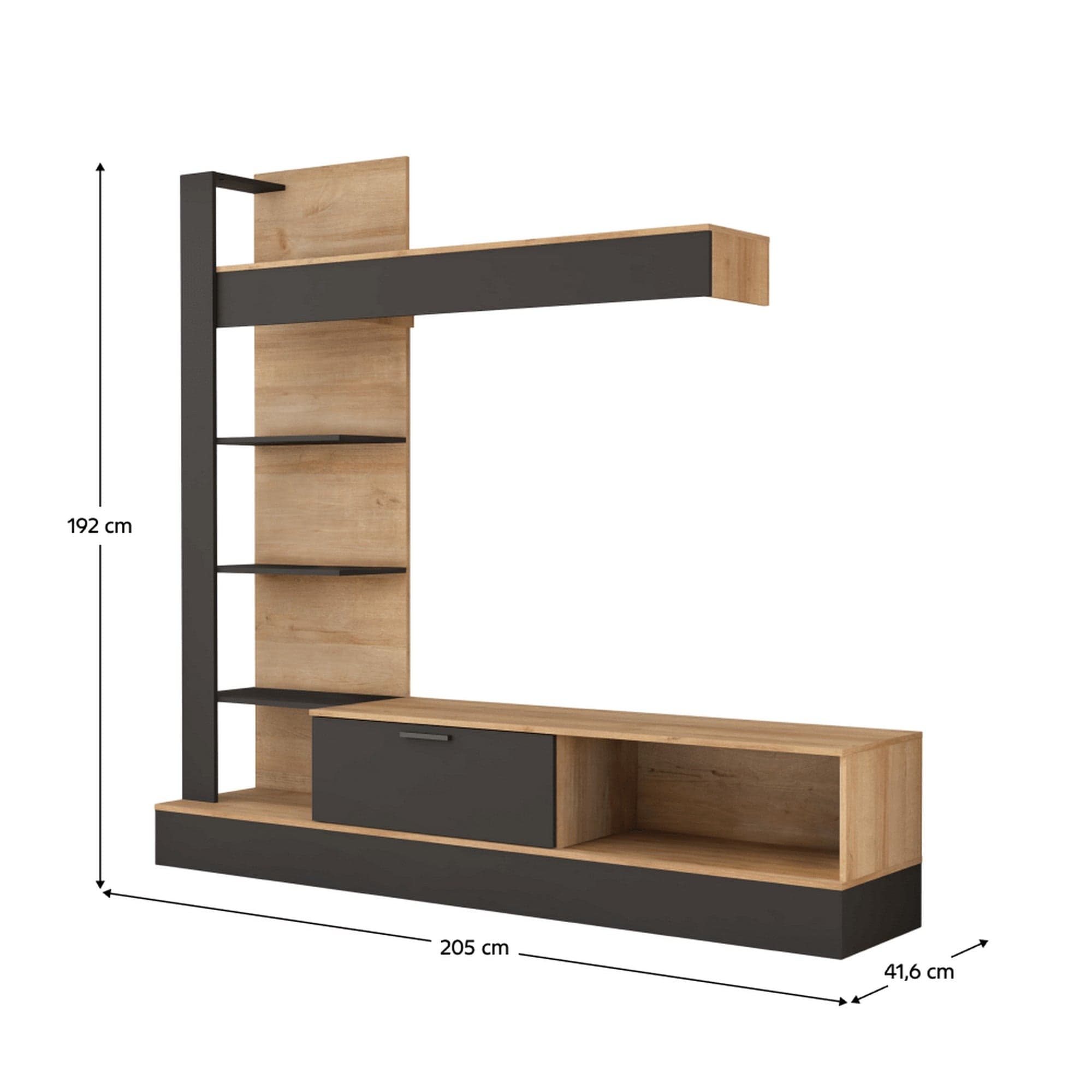 Mobilier living GELUZA, stejar riviera/negru, PAL melaminat, 3 piese, 205x42x192 cm