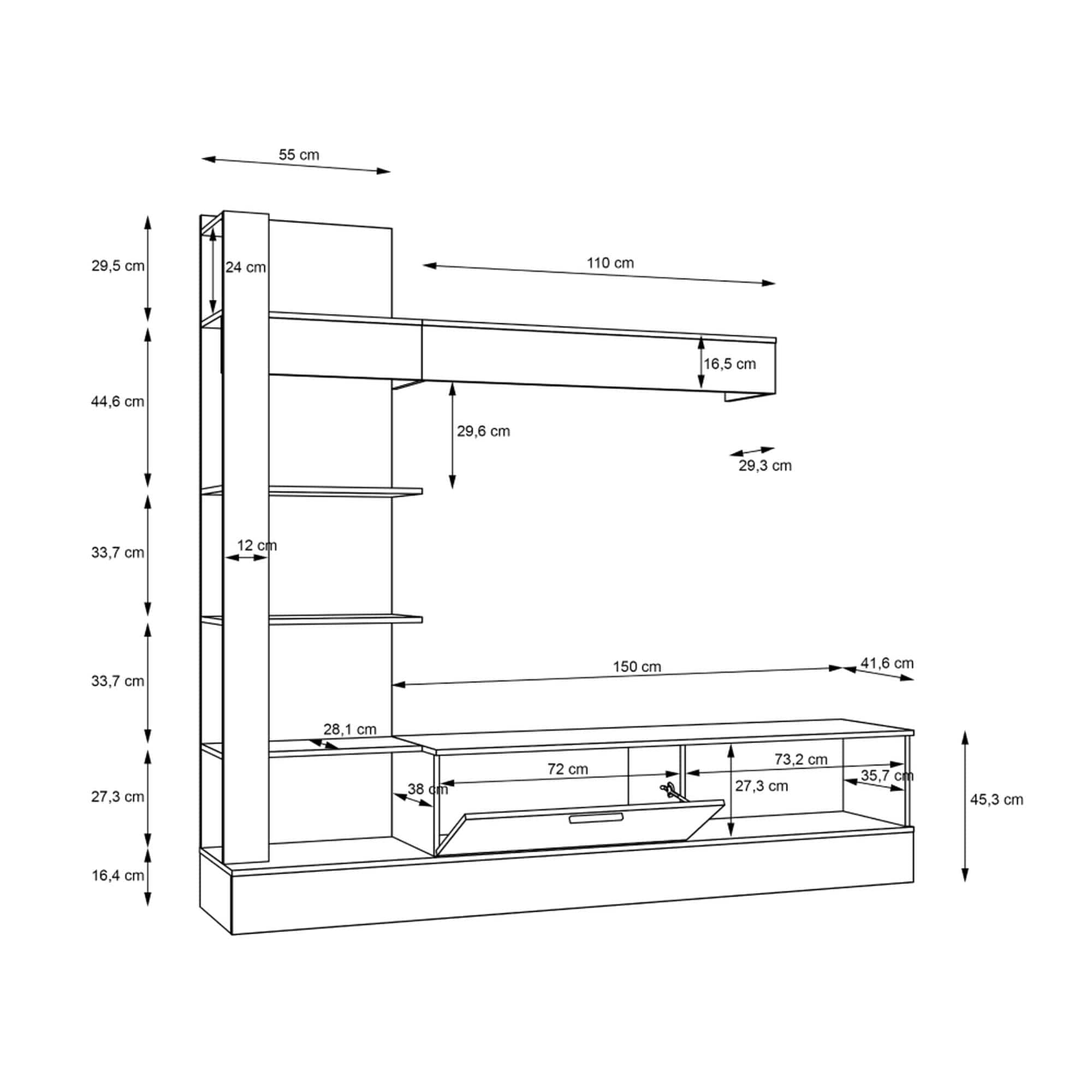 Mobilier living GELUZA, stejar riviera/negru, PAL melaminat, 3 piese, 205x42x192 cm