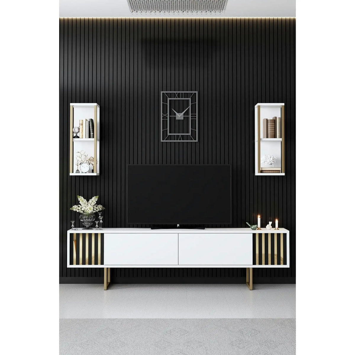 Mobilier living GOLD LINE, alb/auriu, PAL melaminat/metal, 3 piese