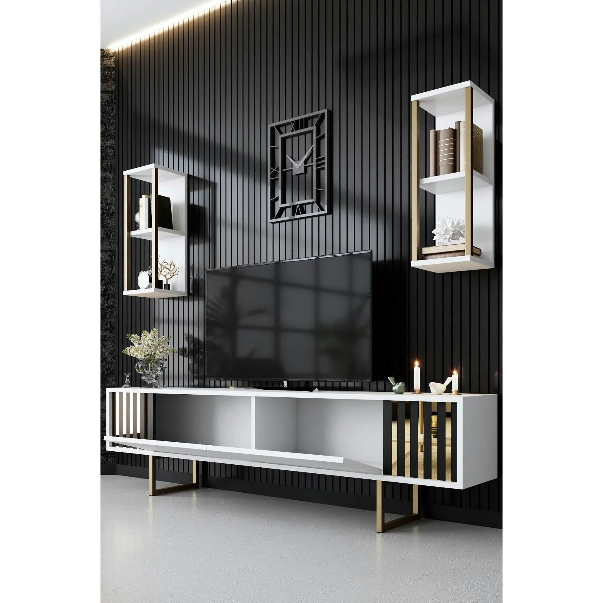 Mobilier living GOLD LINE, alb/auriu, PAL melaminat/metal, 3 piese