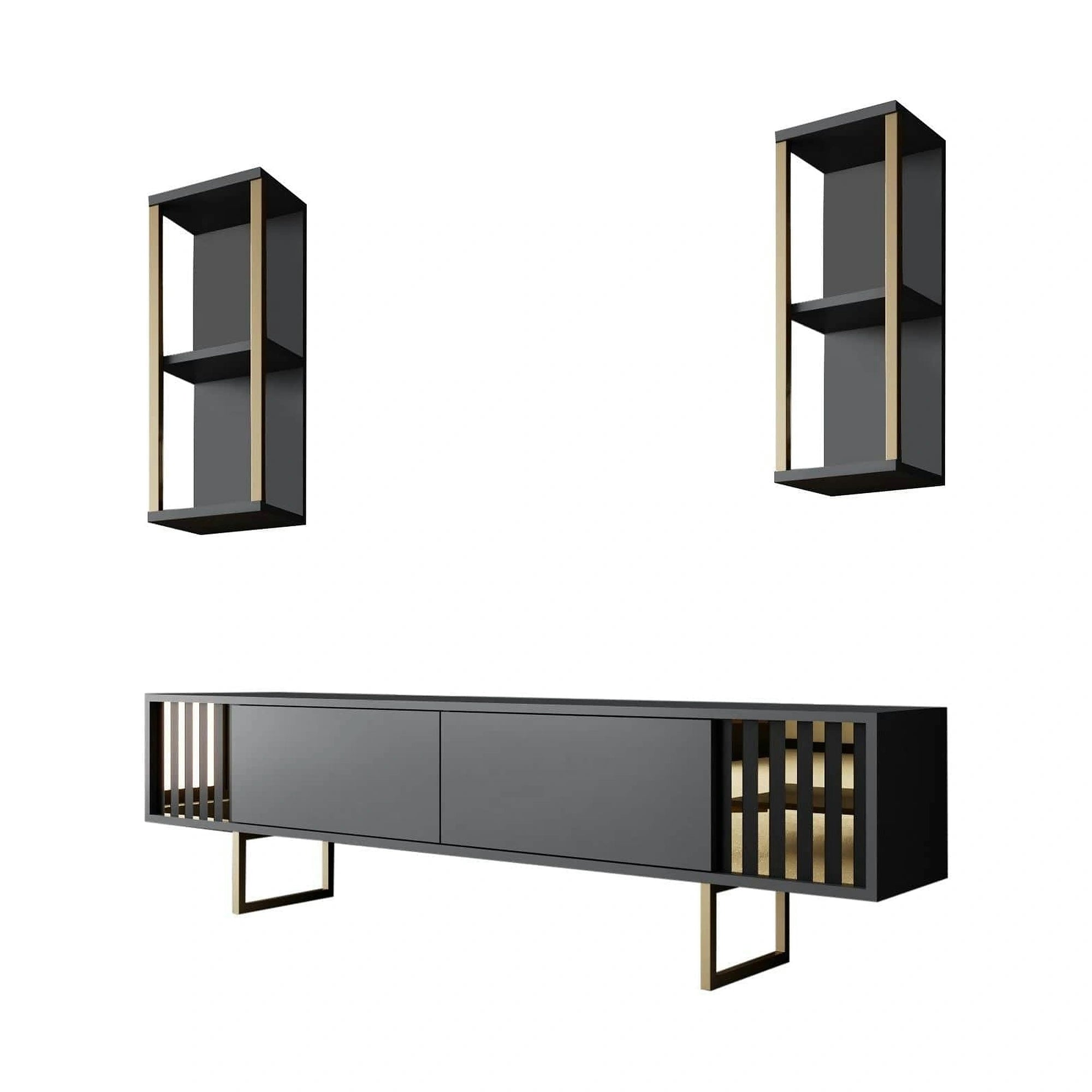 Mobilier living GOLD LINE, gri antracit/auriu, PAL melaminat/metal, 3 piese