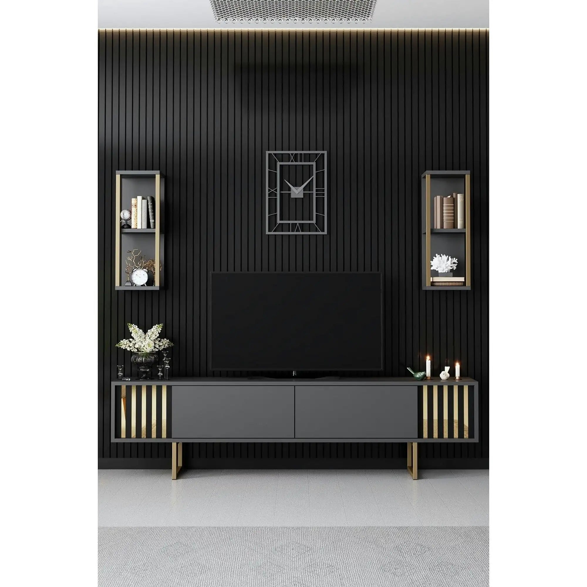 Mobilier living GOLD LINE, gri antracit/auriu, PAL melaminat/metal, 3 piese