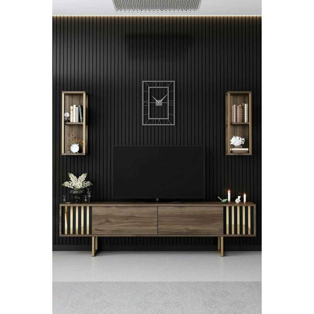 Mobilier living GOLD LINE, nuc/auriu, PAL melaminat/metal, 3 piese