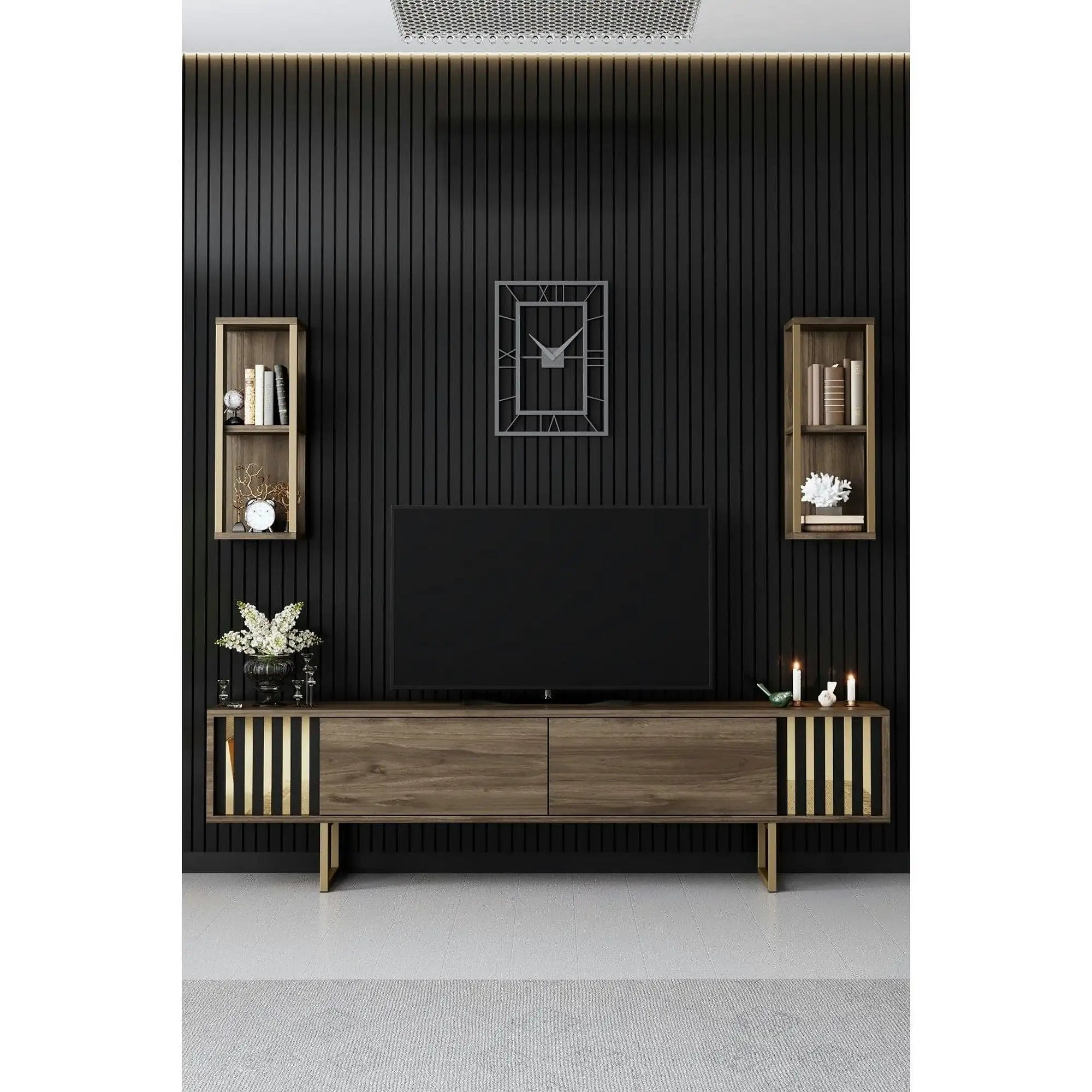 Mobilier living GOLD LINE, nuc/auriu, PAL melaminat/metal, 3 piese