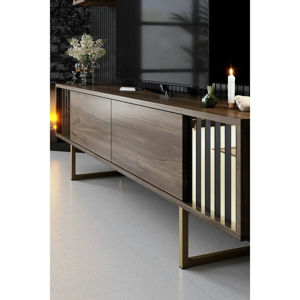 Mobilier living GOLD LINE, nuc/auriu, PAL melaminat/metal, 3 piese