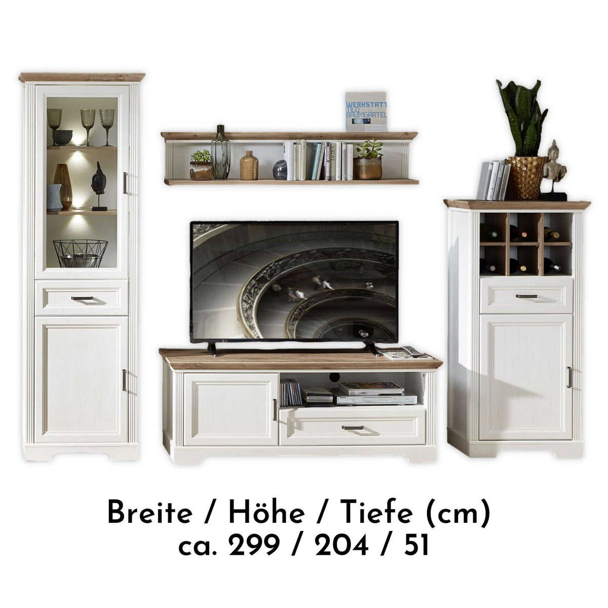 Mobilier living JASMIN 1, alb/stejar artisan, PAL melaminat, cu iluminare LED, 4 piese