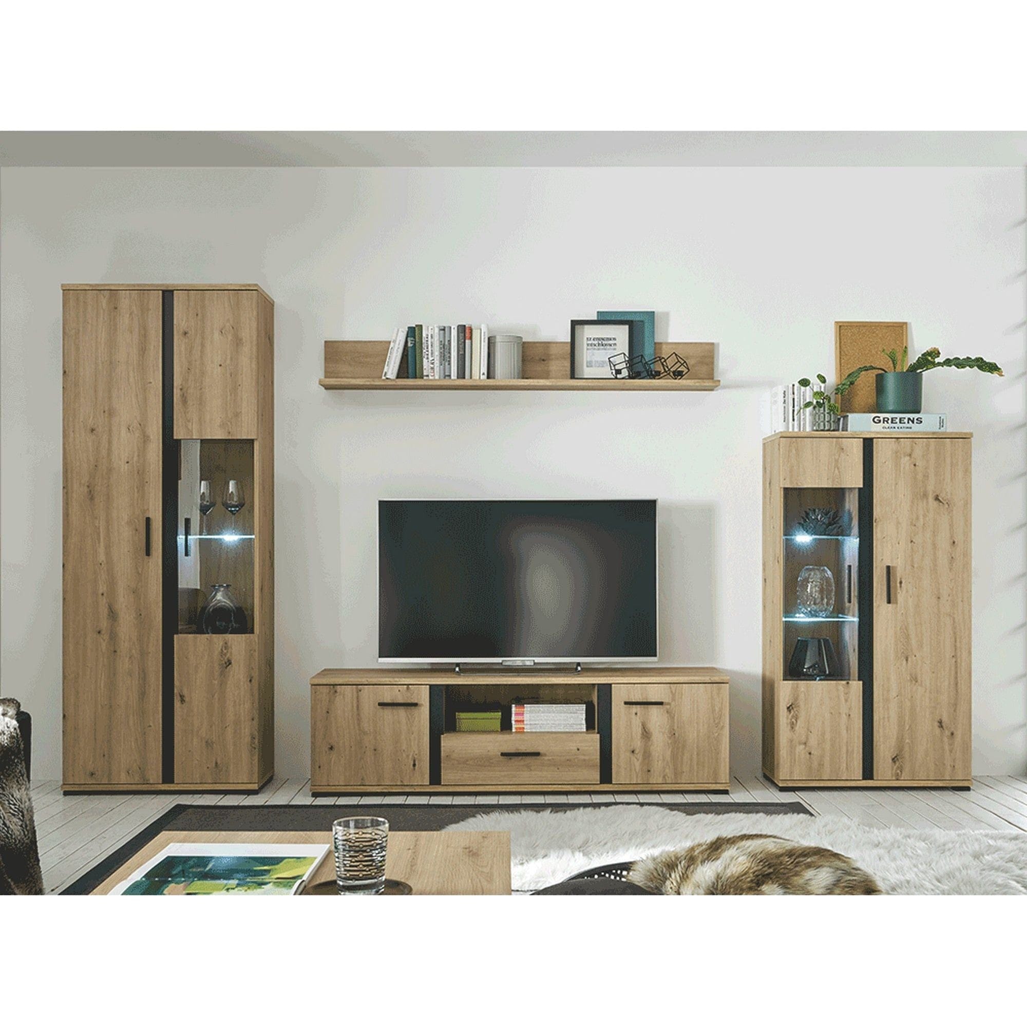 Mobilier living KANODE, stejar artisan/negru, PAL laminat/sticla, cu iluminare LED, 4 piese, 310x40x196 cm