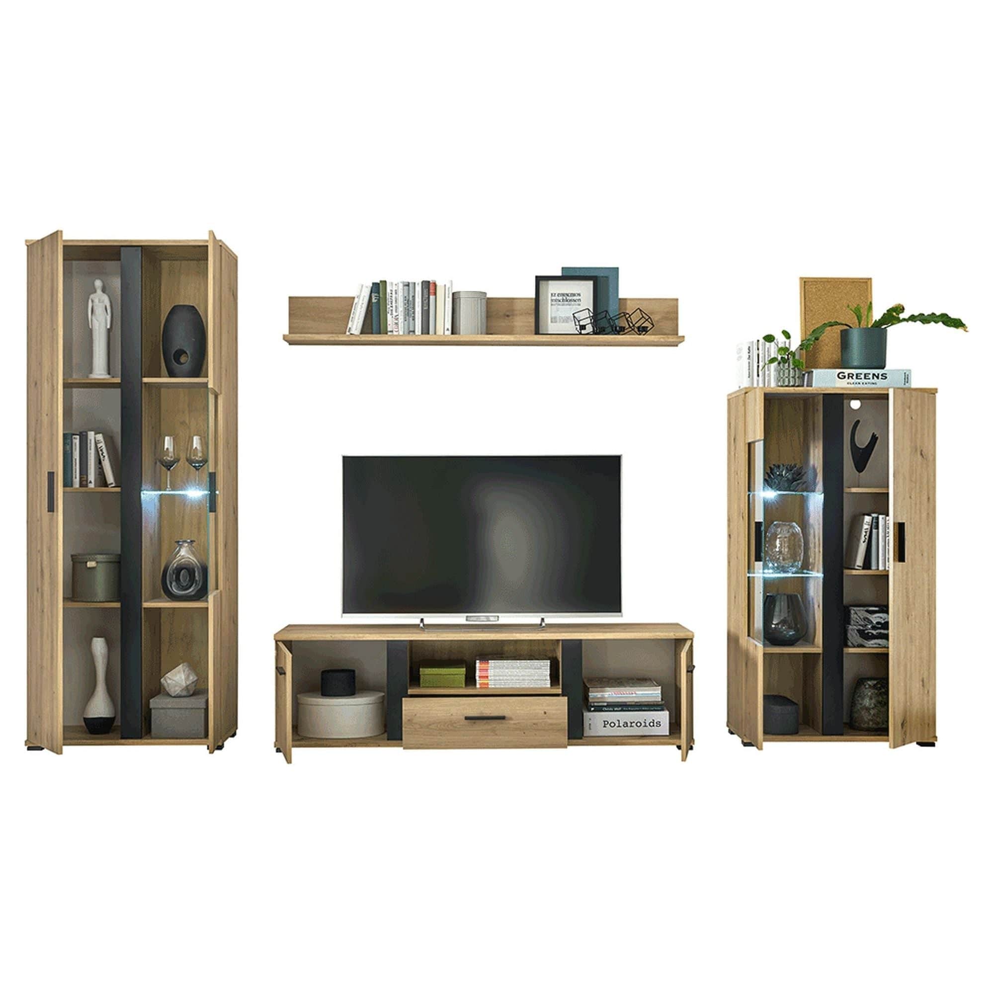 Mobilier living KANODE, stejar artisan/negru, PAL laminat/sticla, cu iluminare LED, 4 piese, 310x40x196 cm