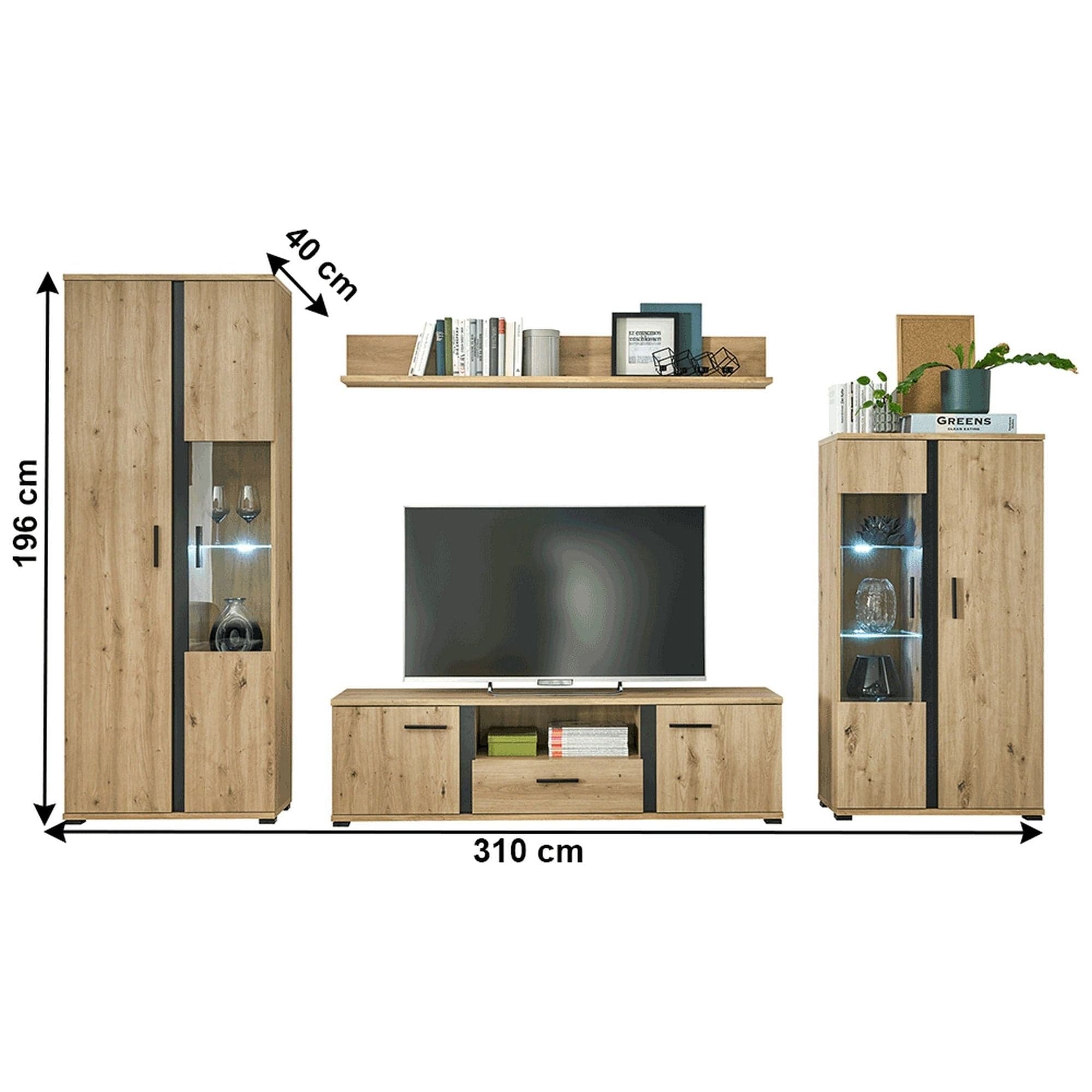 Mobilier living KANODE, stejar artisan/negru, PAL laminat/sticla, cu iluminare LED, 4 piese, 310x40x196 cm