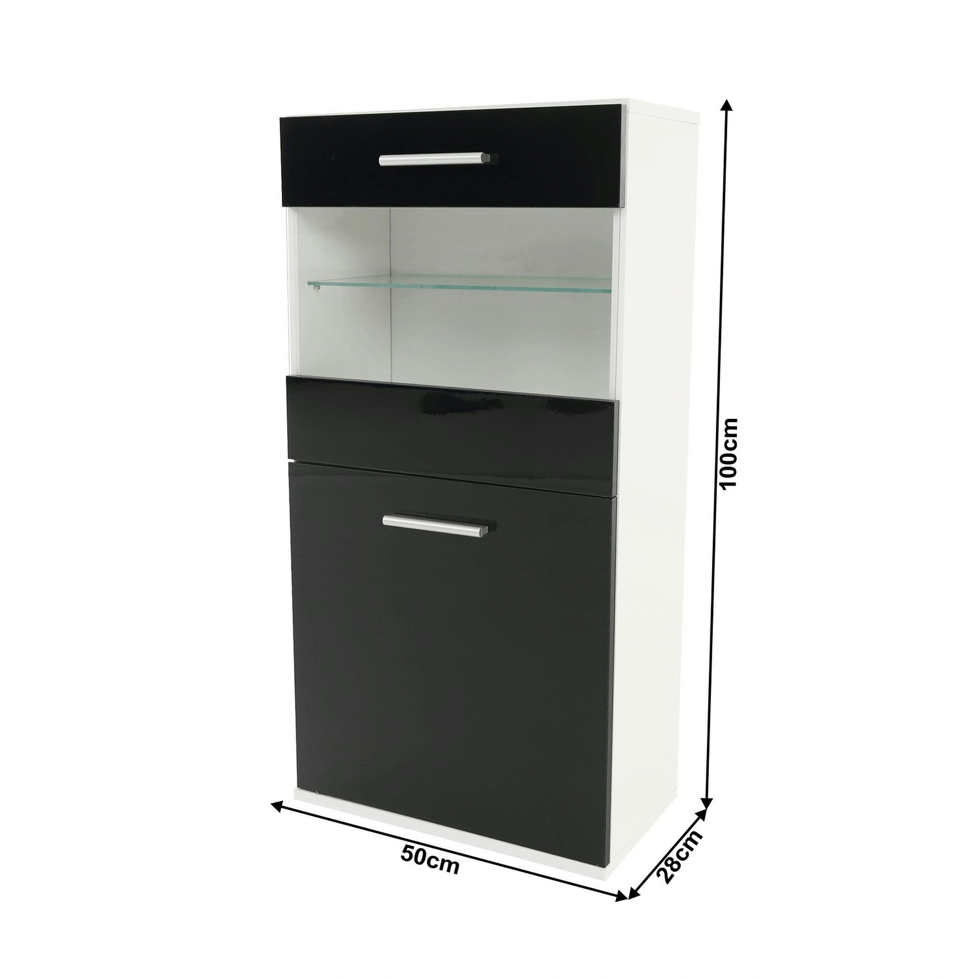 Mobilier living LEO, alb/negru lucios, PAL melaminat/sticla, cu iluminare LED, 7 piese, 250x42x180 cm