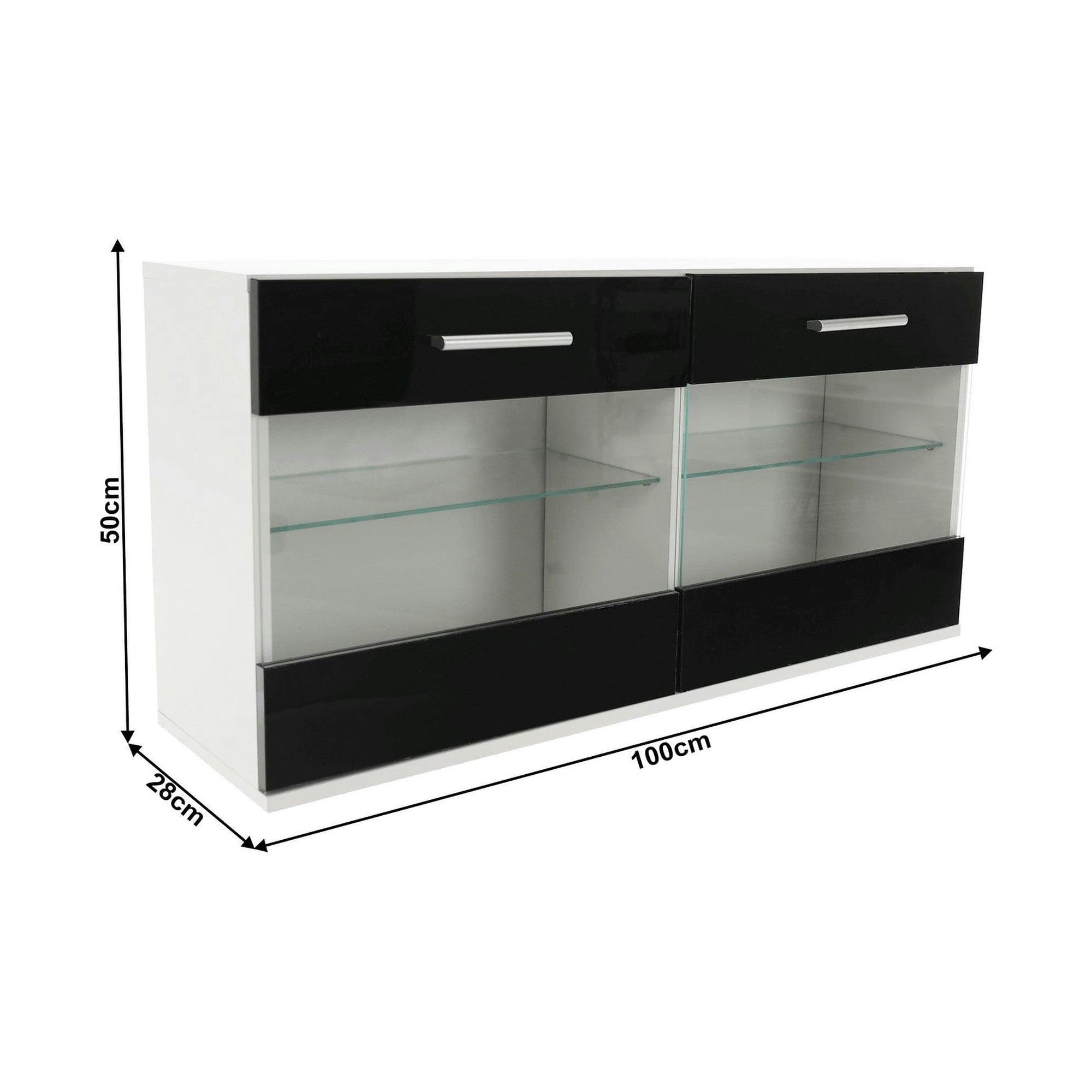 Mobilier living LEO, alb/negru lucios, PAL melaminat/sticla, cu iluminare LED, 7 piese, 250x42x180 cm
