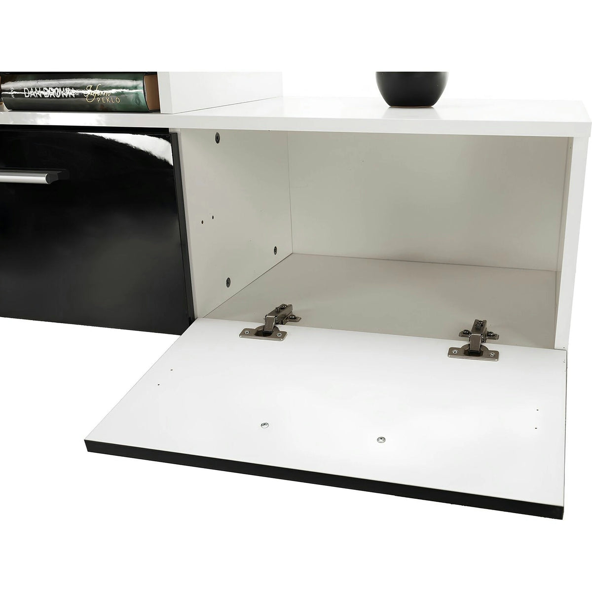Mobilier living LEO, alb/negru lucios, PAL melaminat/sticla, cu iluminare LED, 7 piese, 250x42x180 cm
