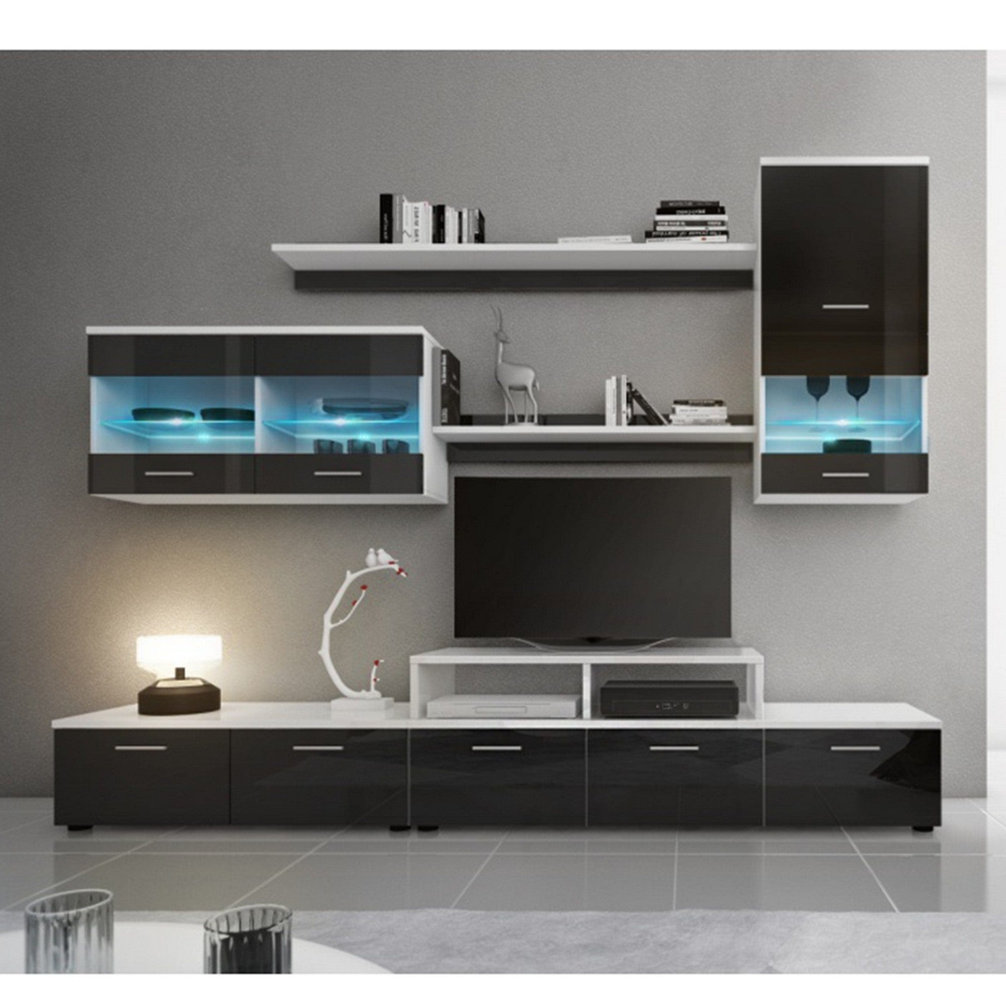 Mobilier living LEO, alb/negru lucios, PAL melaminat/sticla, cu iluminare LED, 7 piese, 250x42x180 cm