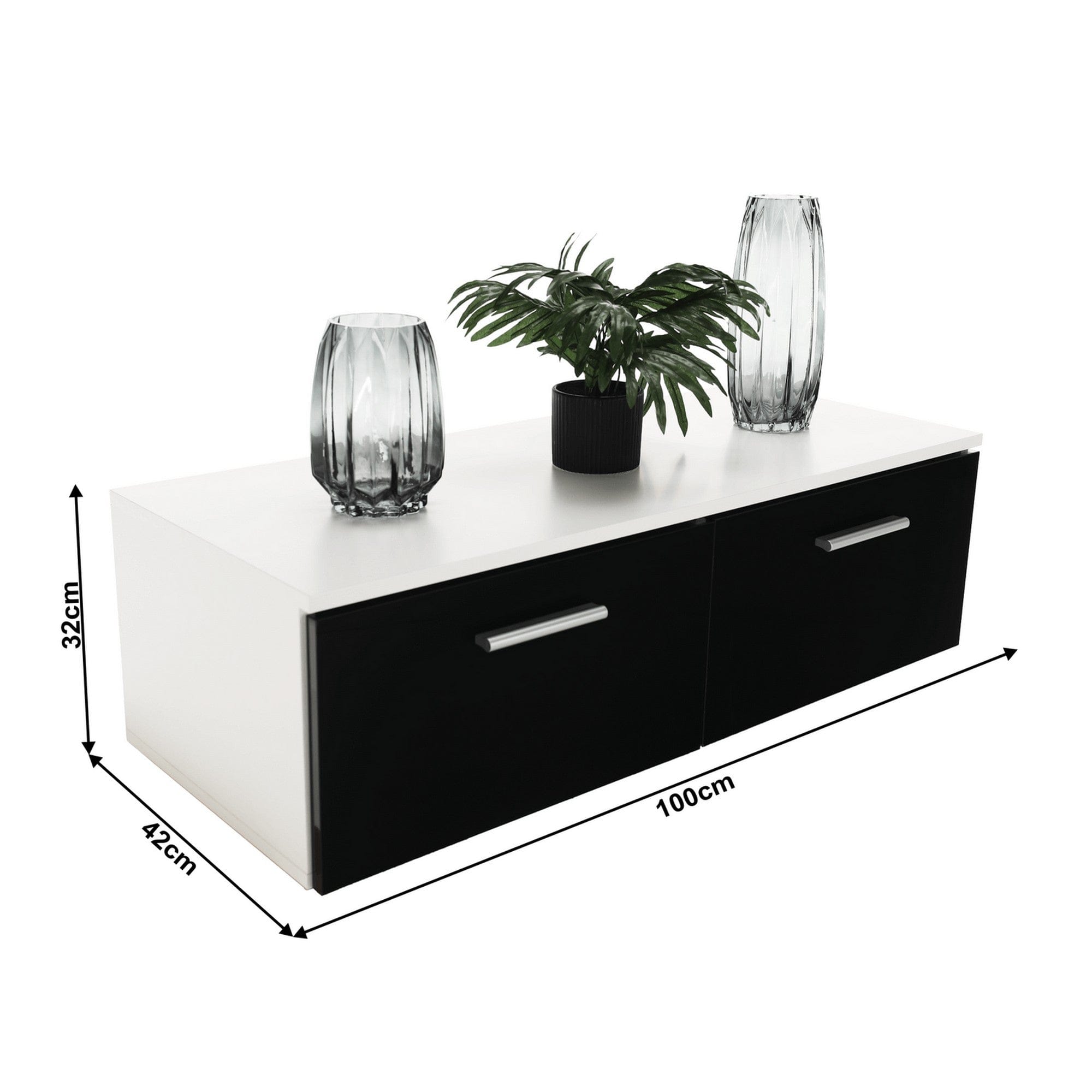 Mobilier living LEO, alb/negru lucios, PAL melaminat/sticla, cu iluminare LED, 7 piese, 250x42x180 cm