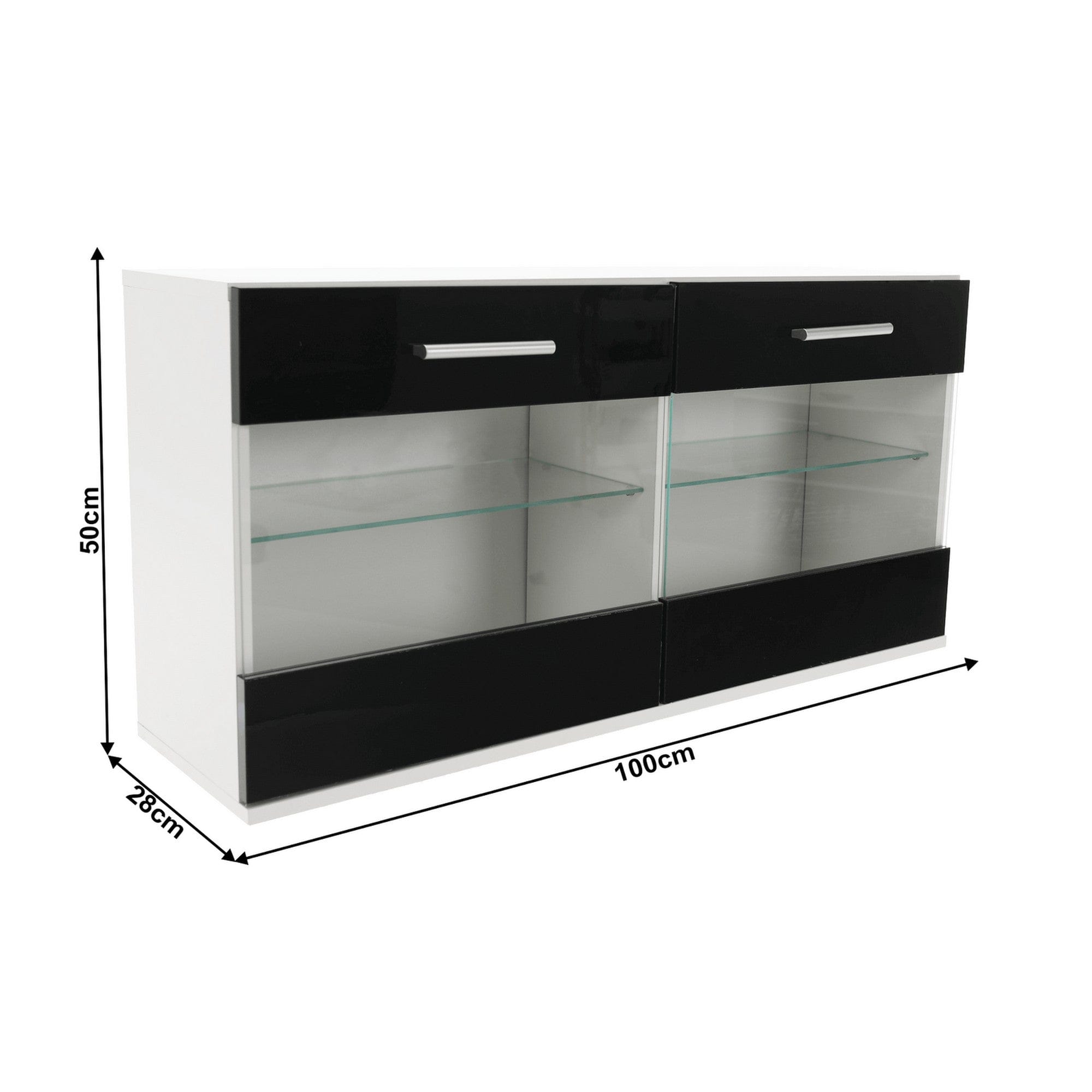 Mobilier living LEO, alb/negru lucios, PAL melaminat/sticla, cu iluminare LED, 7 piese, 250x42x180 cm