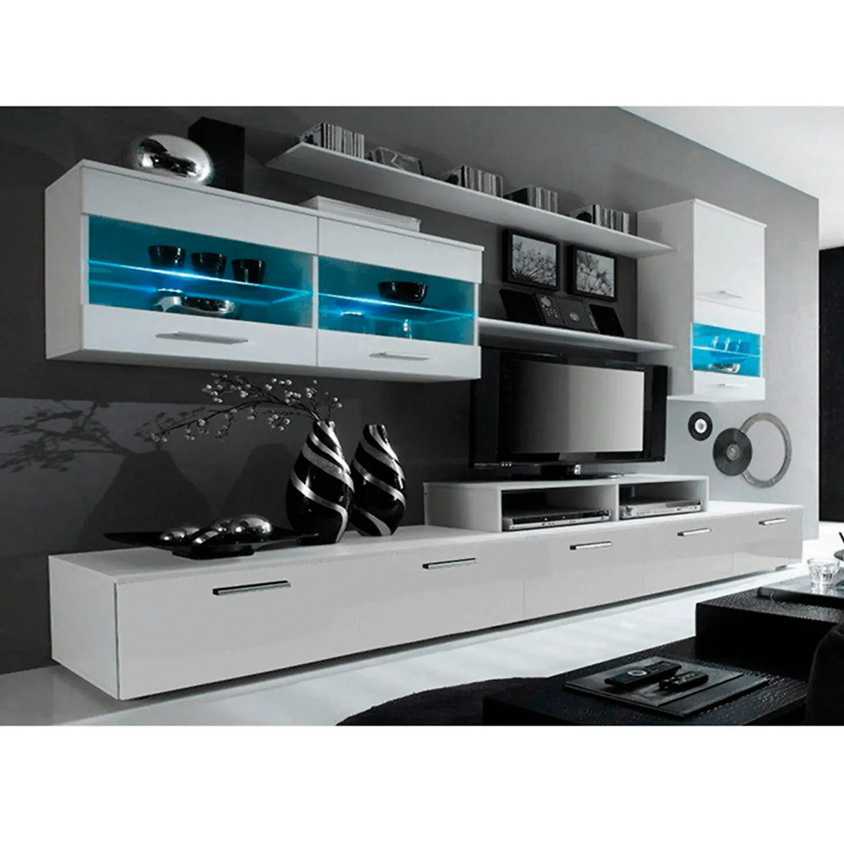 Mobilier living LEO, alb, PAL melaminat/sticla, cu iluminare LED, 7 piese, 250x42x180 cm