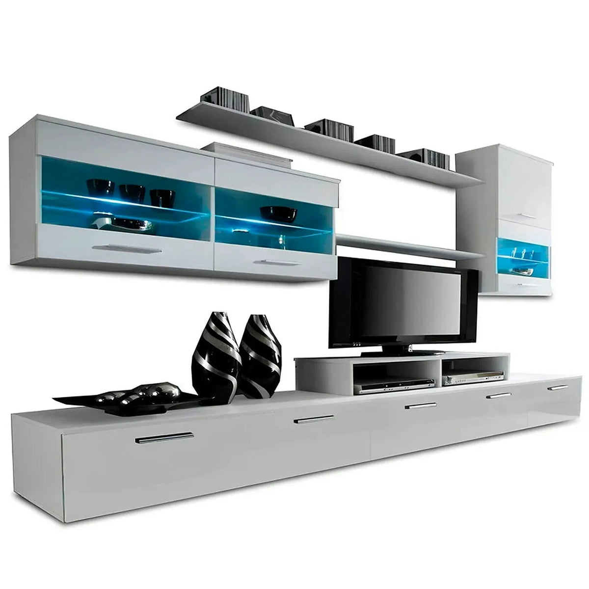 Mobilier living LEO, alb, PAL melaminat/sticla, cu iluminare LED, 7 piese, 250x42x180 cm