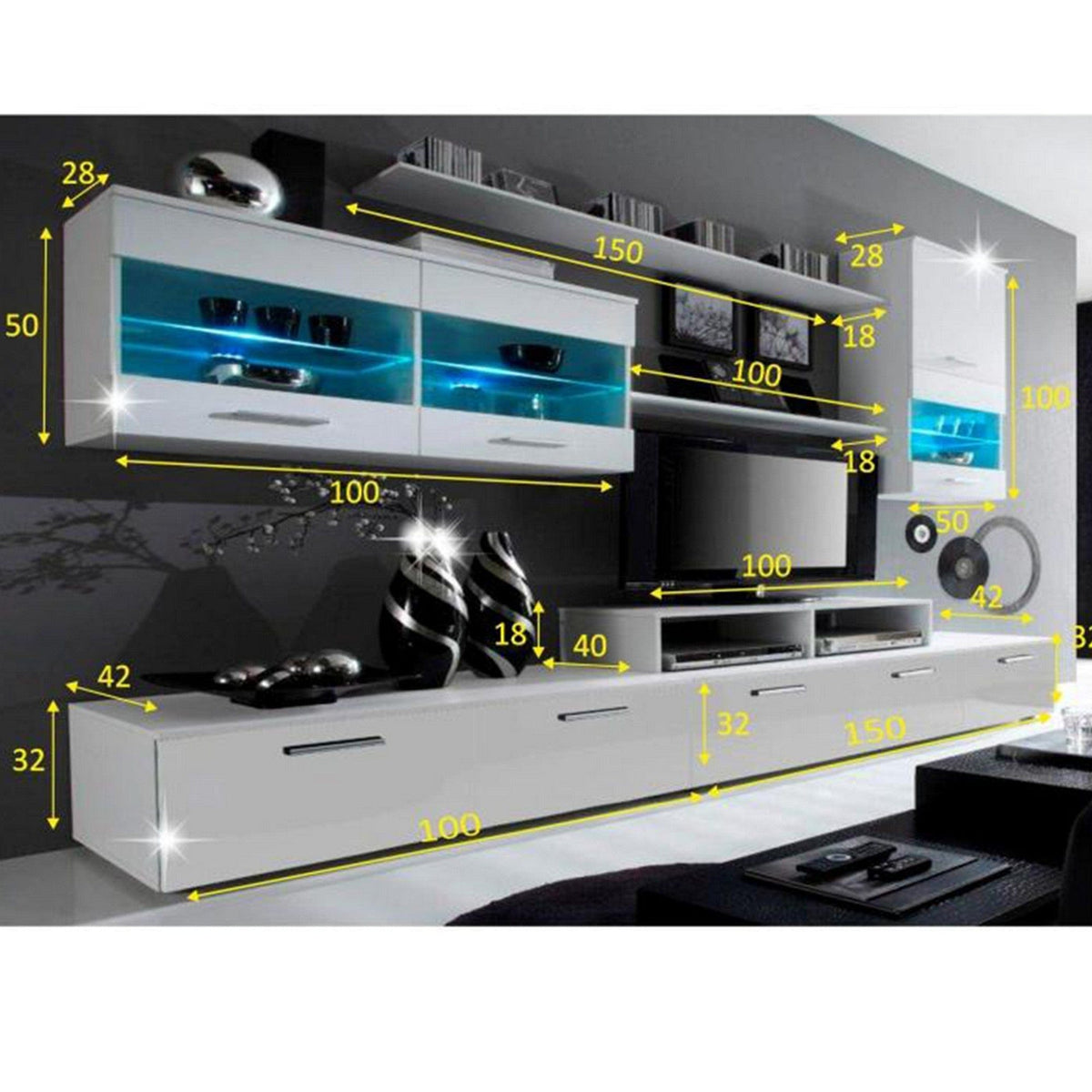 Mobilier living LEO, alb, PAL melaminat/sticla, cu iluminare LED, 7 piese, 250x42x180 cm