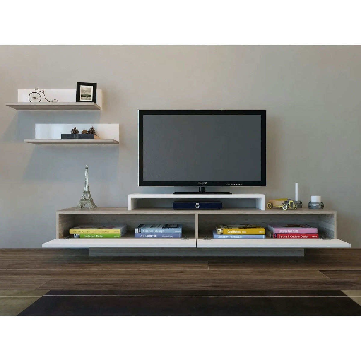 Mobilier living LUSI, alb/stejar, PAL melaminat, 3 piese