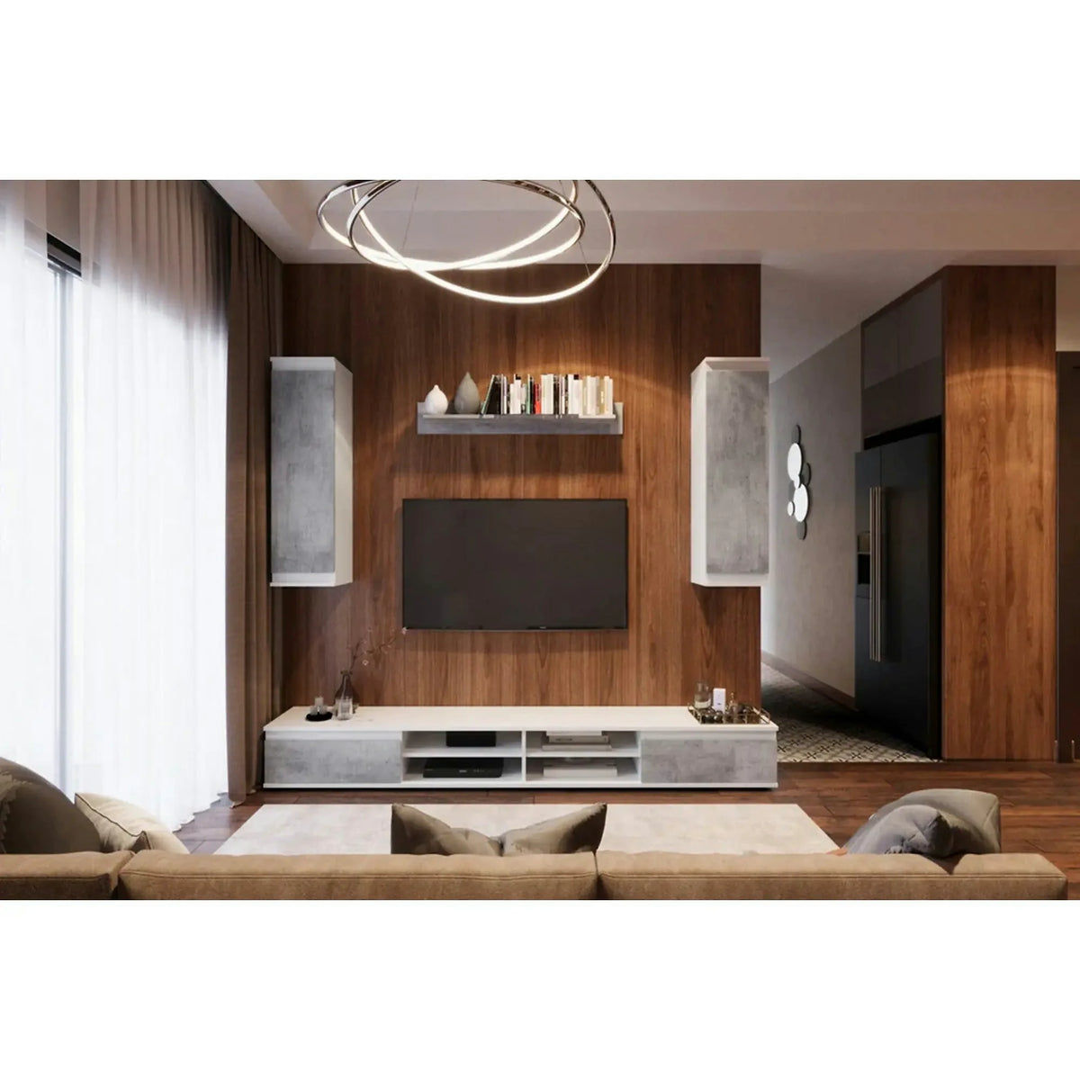 Mobilier living LUSIA, gri beton/alb, PAL, 4 piese, 220x37x160 cm