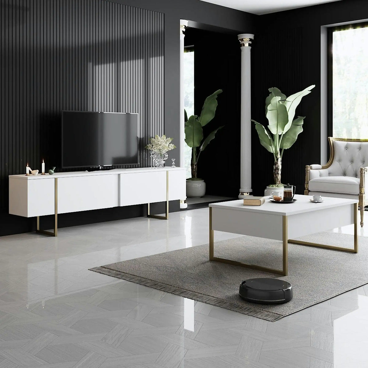 Mobilier living LUXE, alb/auriu, PAL melaminat/metal, 2 piese