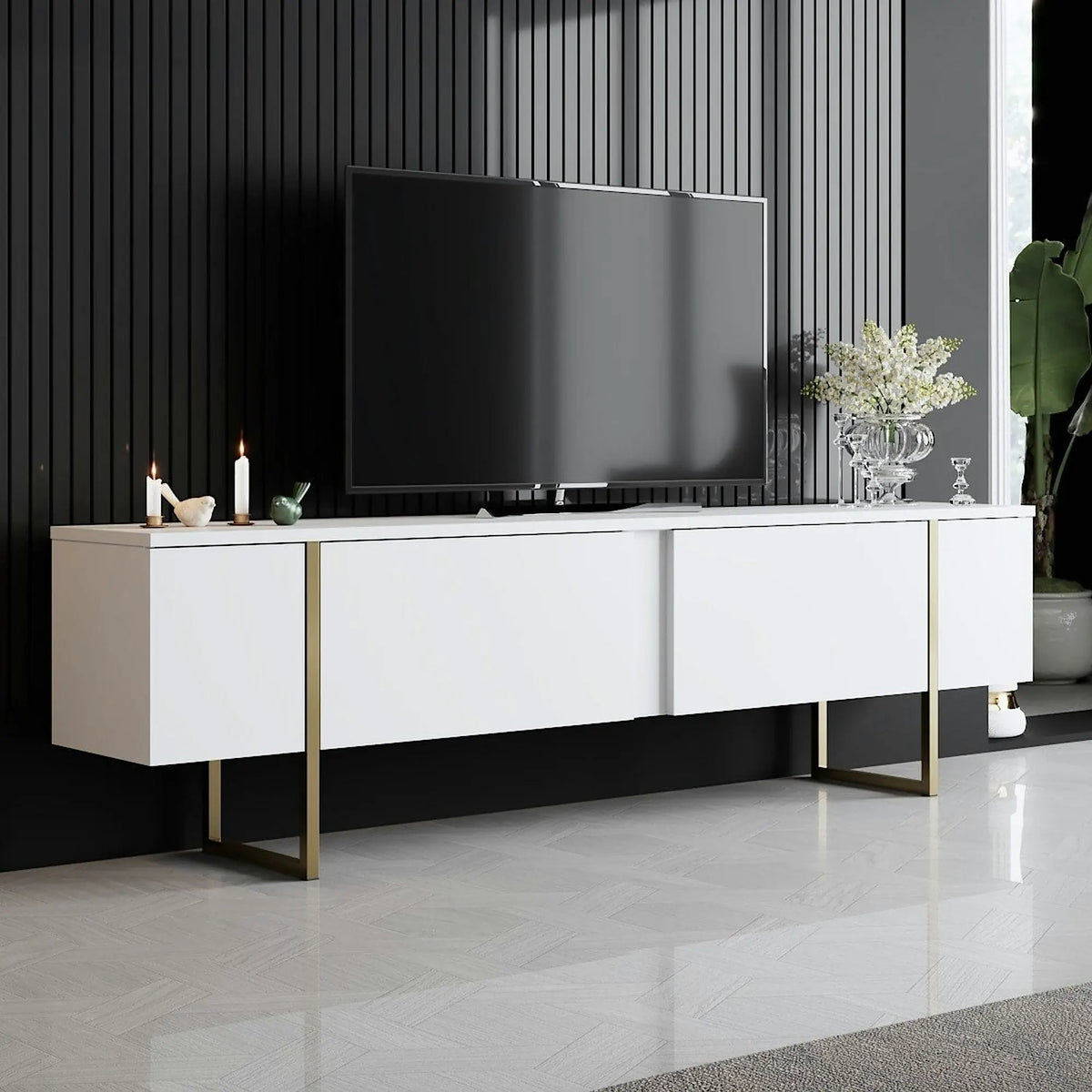 Mobilier living LUXE, alb/auriu, PAL melaminat/metal, 2 piese