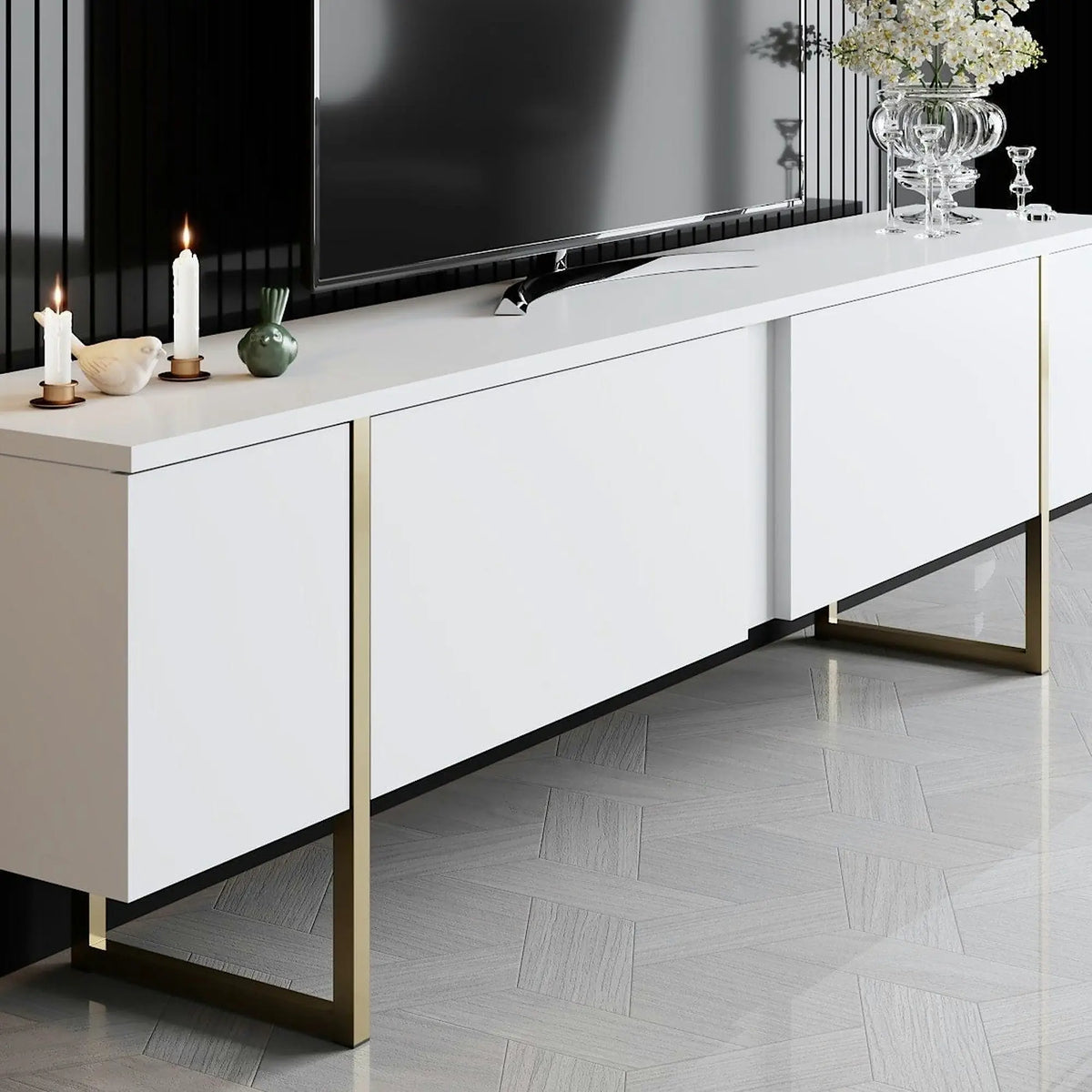 Mobilier living LUXE, alb/auriu, PAL melaminat/metal, 2 piese