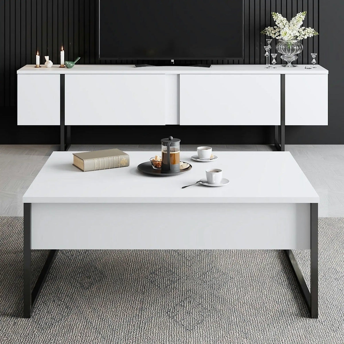 Mobilier living LUXE, alb/negru, PAL melaminat/metal, 2 piese
