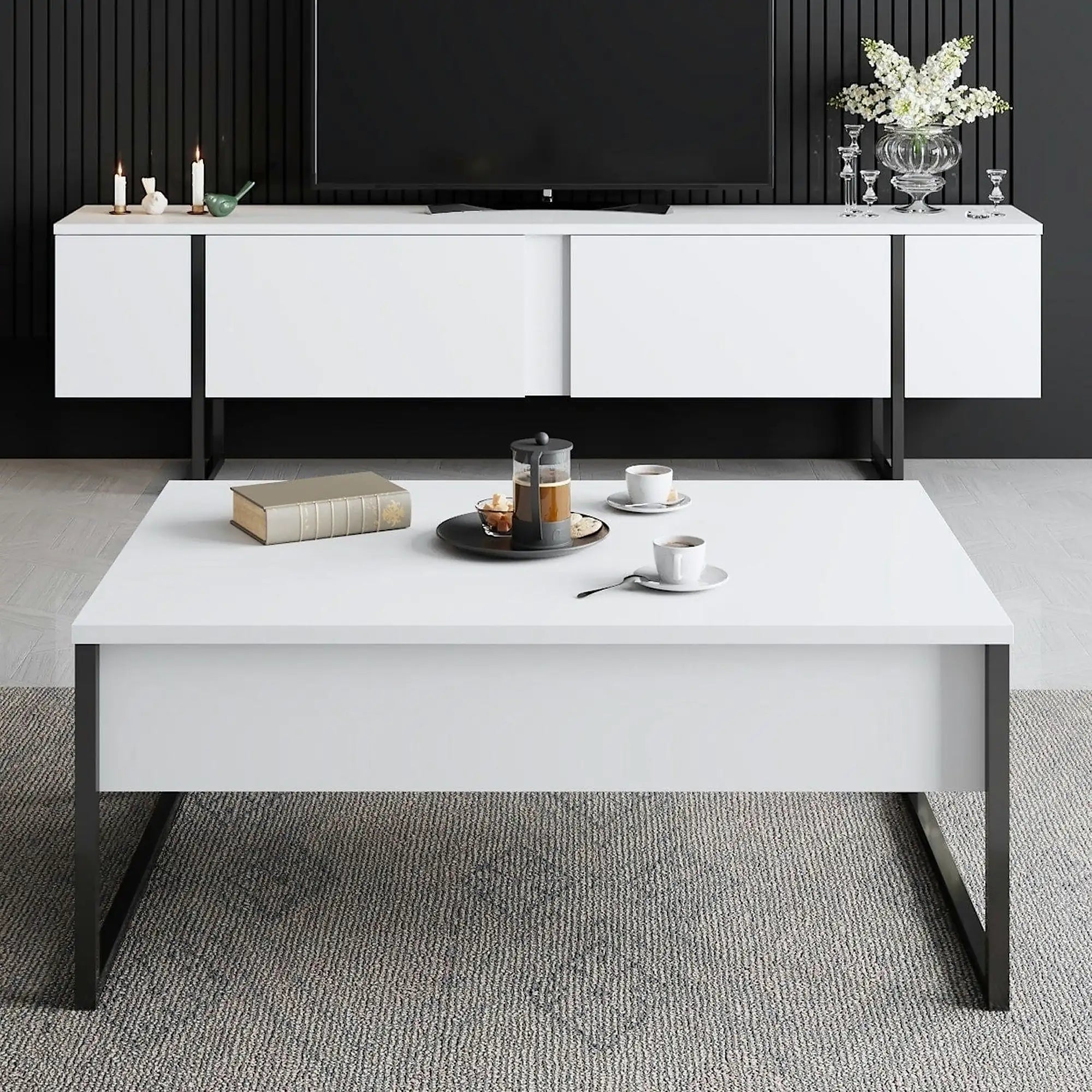 Mobilier living LUXE, alb/negru, PAL melaminat/metal, 2 piese