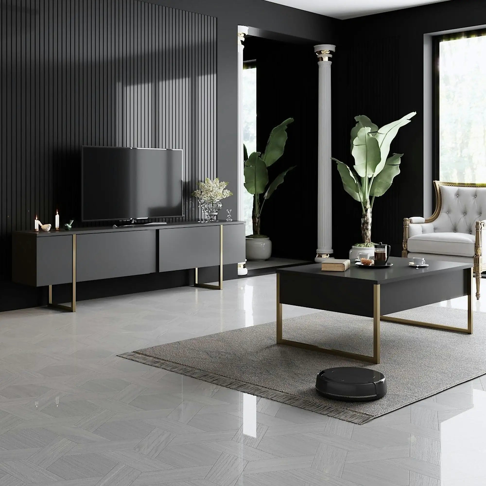 Mobilier living LUXE, gri antracit/auriu, PAL melaminat/metal, 2 piese