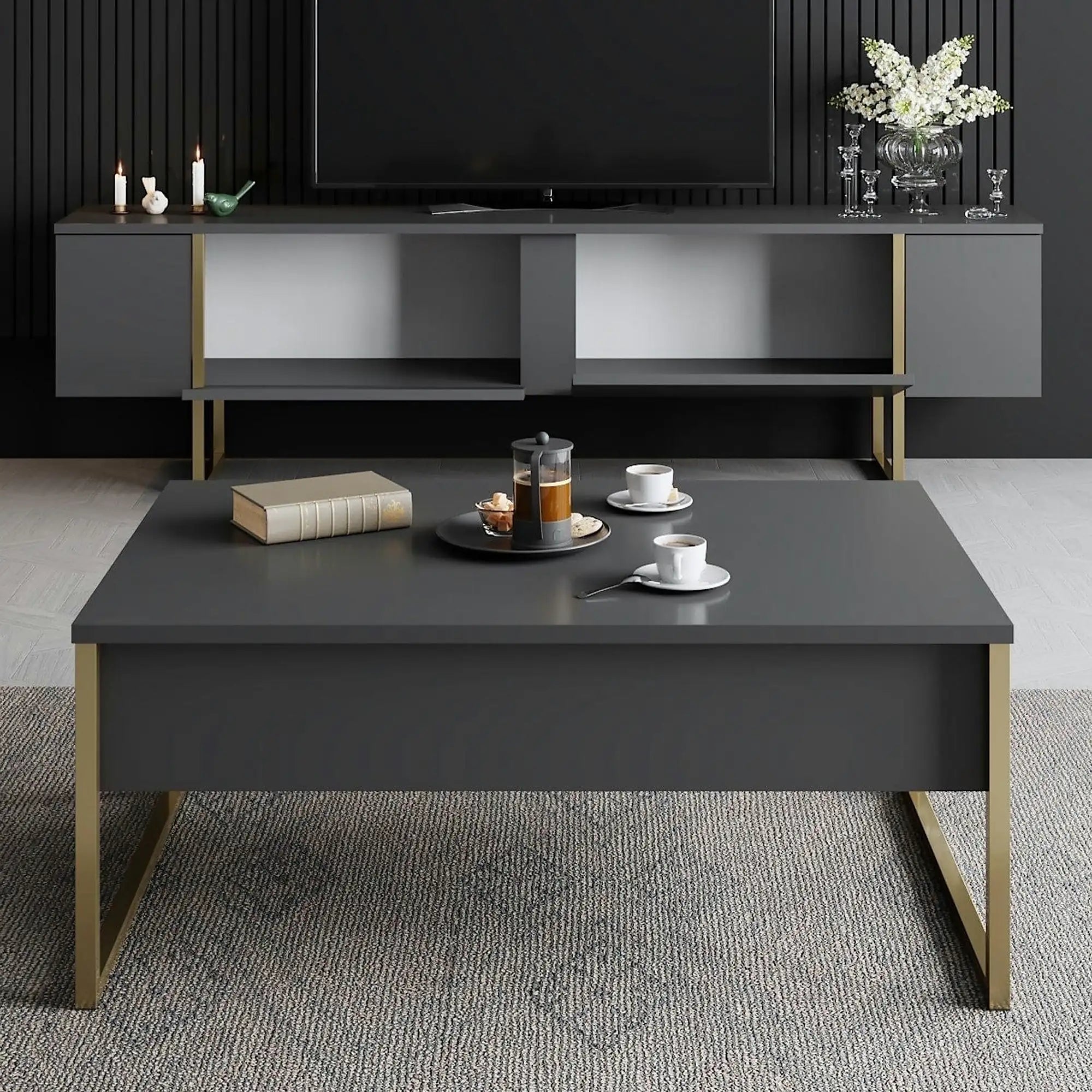 Mobilier living LUXE, gri antracit/auriu, PAL melaminat/metal, 2 piese