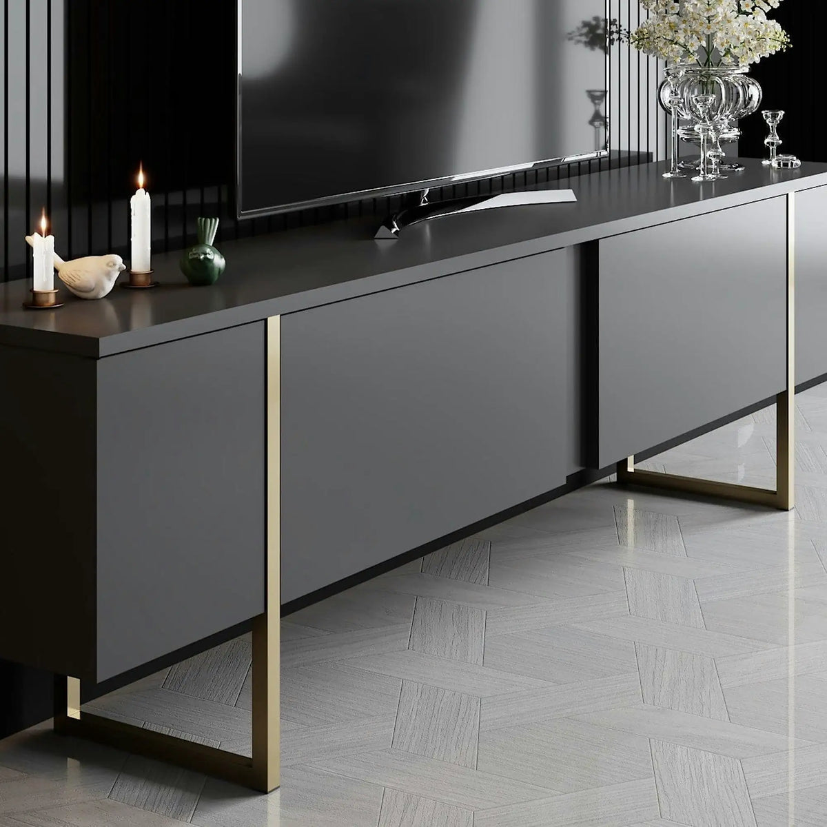 Mobilier living LUXE, gri antracit/auriu, PAL melaminat/metal, 2 piese