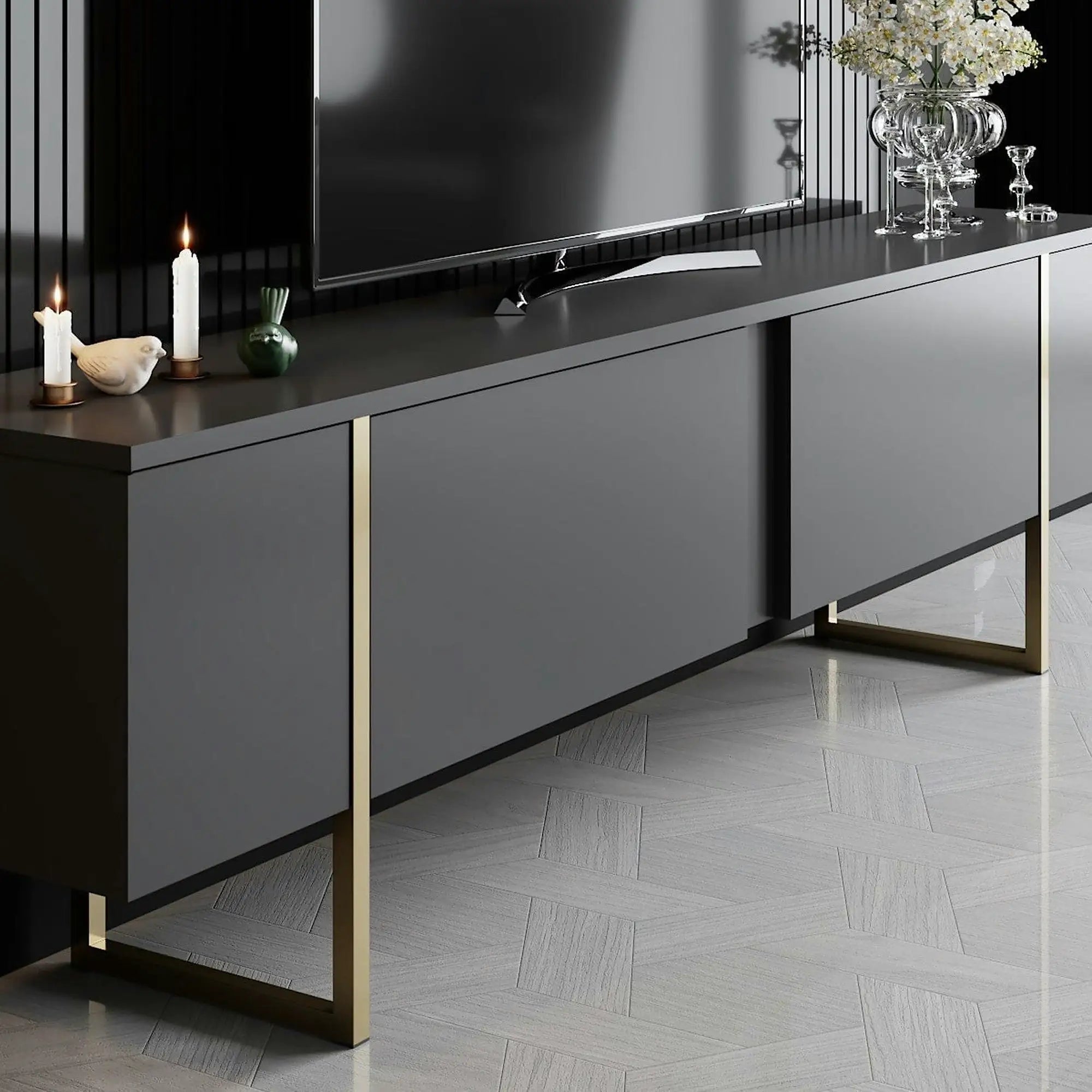 Mobilier living LUXE, gri antracit/auriu, PAL melaminat/metal, 2 piese