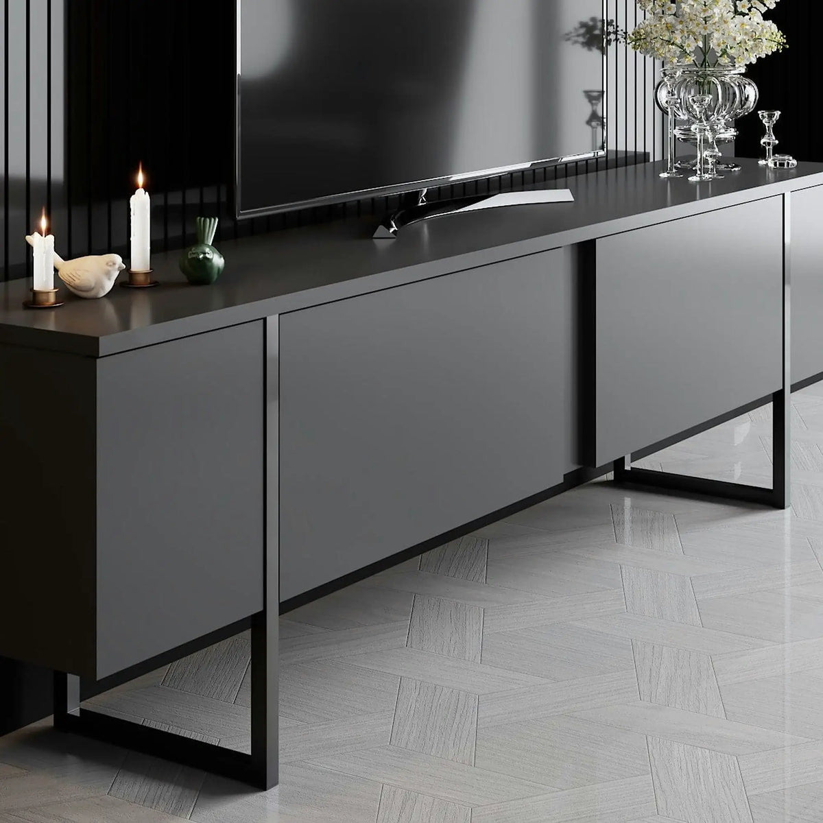 Mobilier living LUXE, gri antracit/negru, PAL melaminat/metal, 2 piese