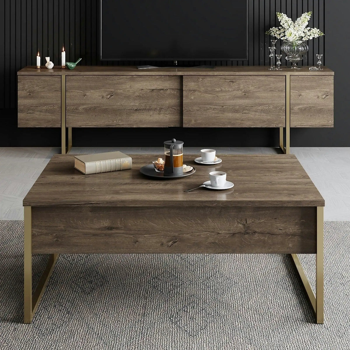 Mobilier living LUXE, nuc/auriu, PAL melaminat/metal, 2 piese