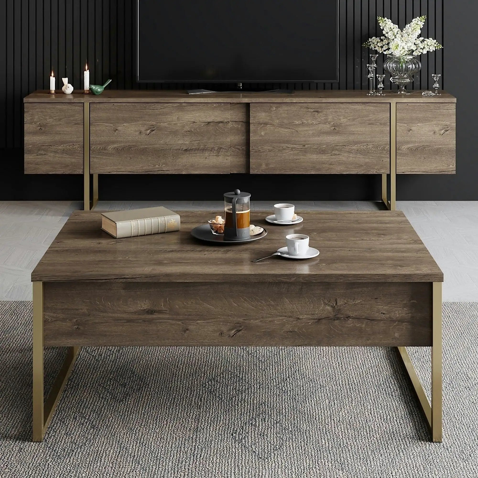 Mobilier living LUXE, nuc/auriu, PAL melaminat/metal, 2 piese
