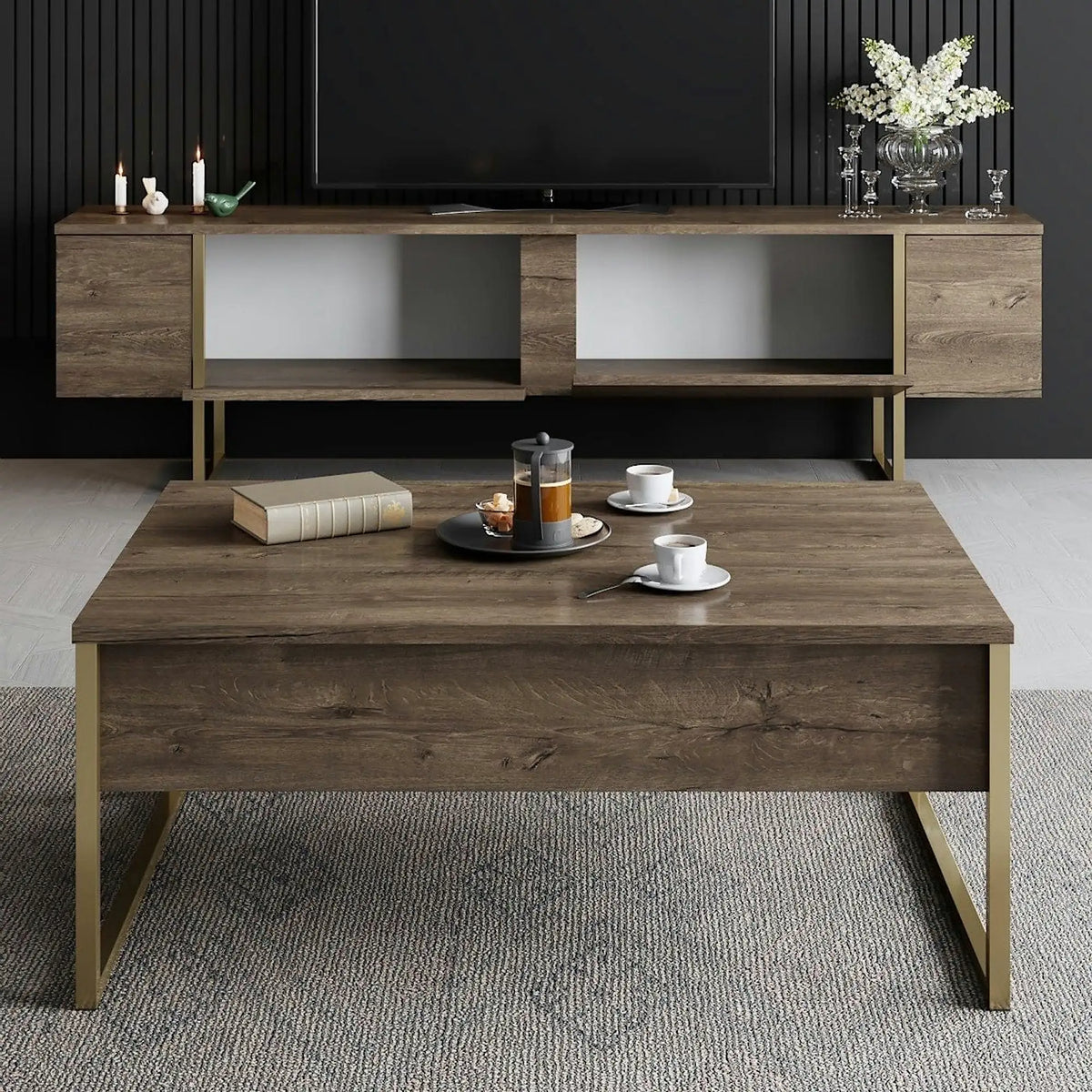 Mobilier living LUXE, nuc/auriu, PAL melaminat/metal, 2 piese