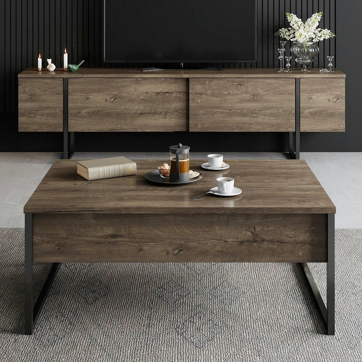 Mobilier living LUXE, nuc/negru, PAL melaminat/metal, 2 piese