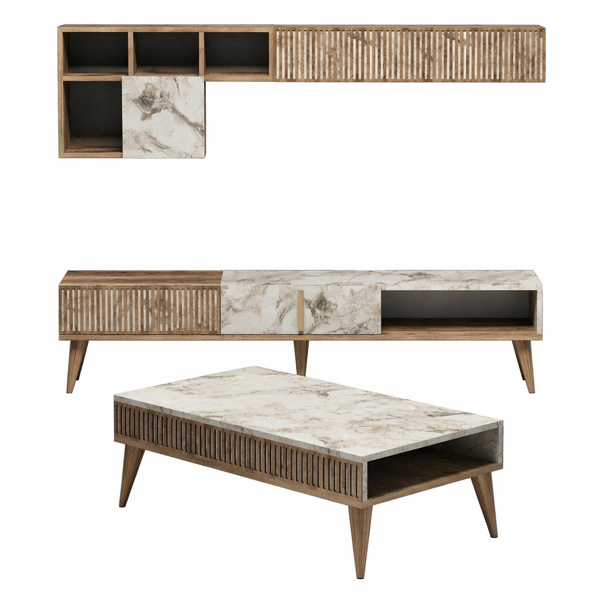 Mobilier living MILAN, alb cu efect de marmura/nuc, PAL melaminat, 3 piese