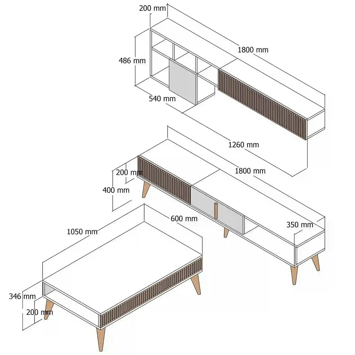 Mobilier living MILAN, efect de piatra travertin/nuc, PAL melaminat, 3 piese