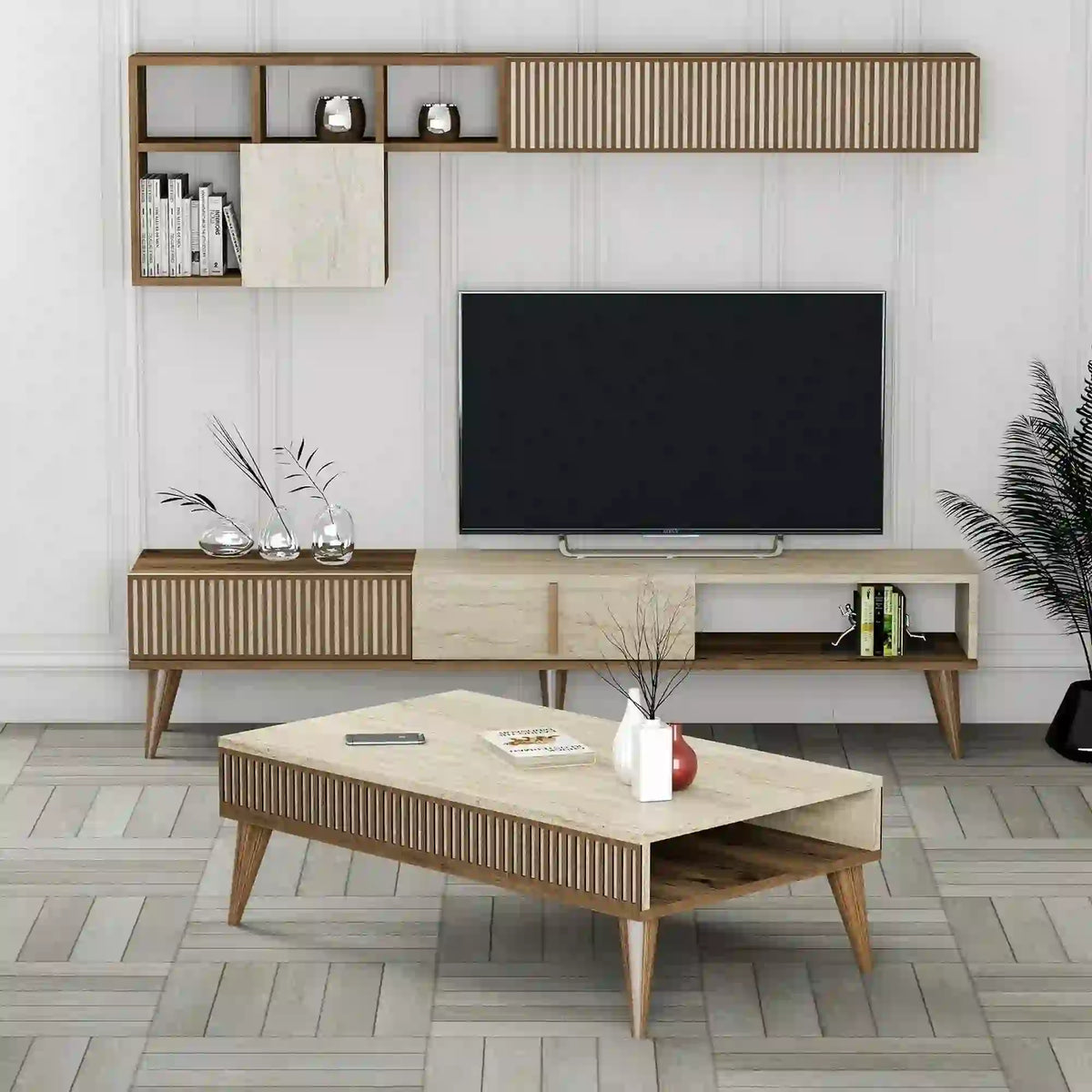 Mobilier living MILAN, efect de piatra travertin/nuc, PAL melaminat, 3 piese